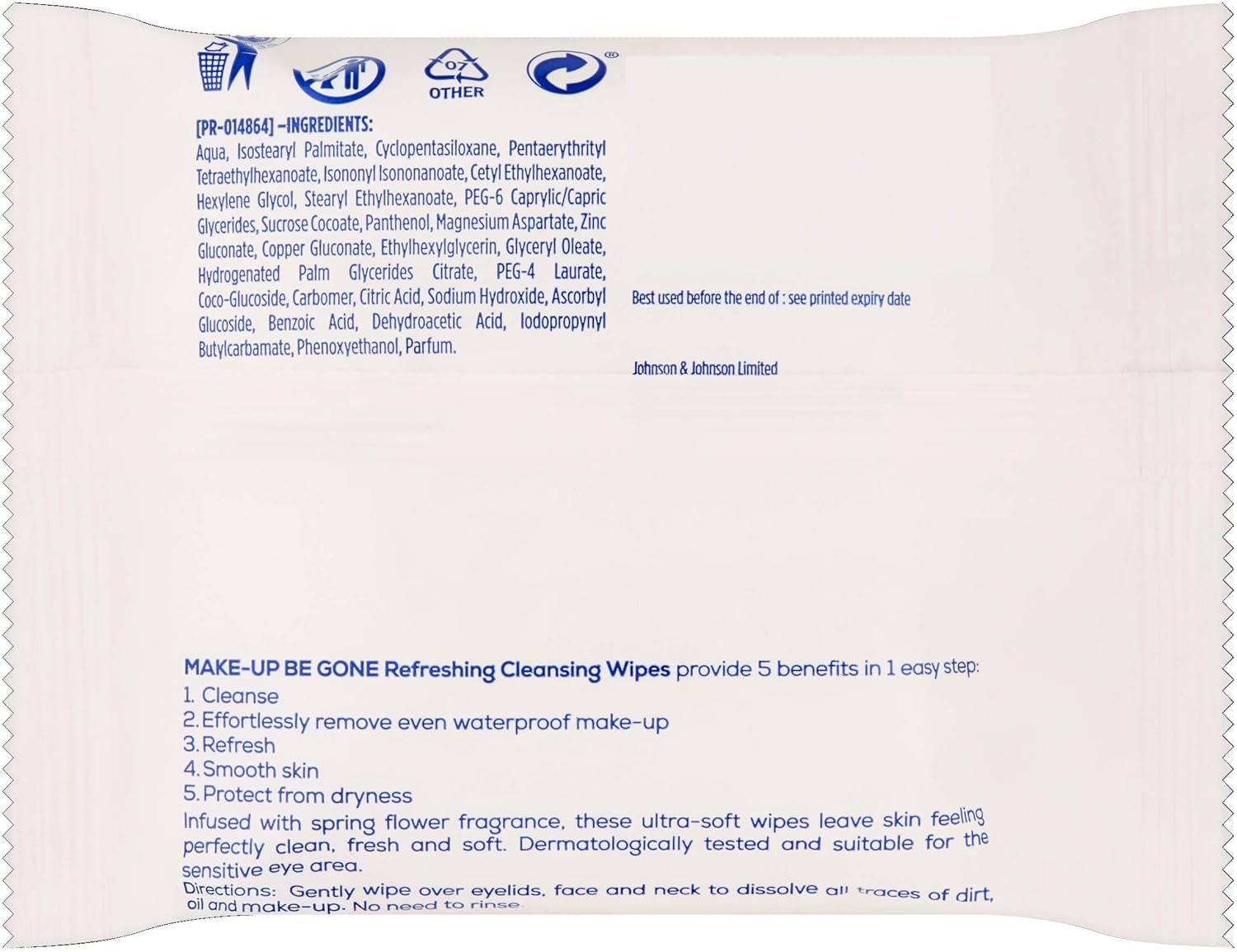 Close-up of Johnson's Make Up Be Gone wipes pack showing watermelon and Vitamin C formulation