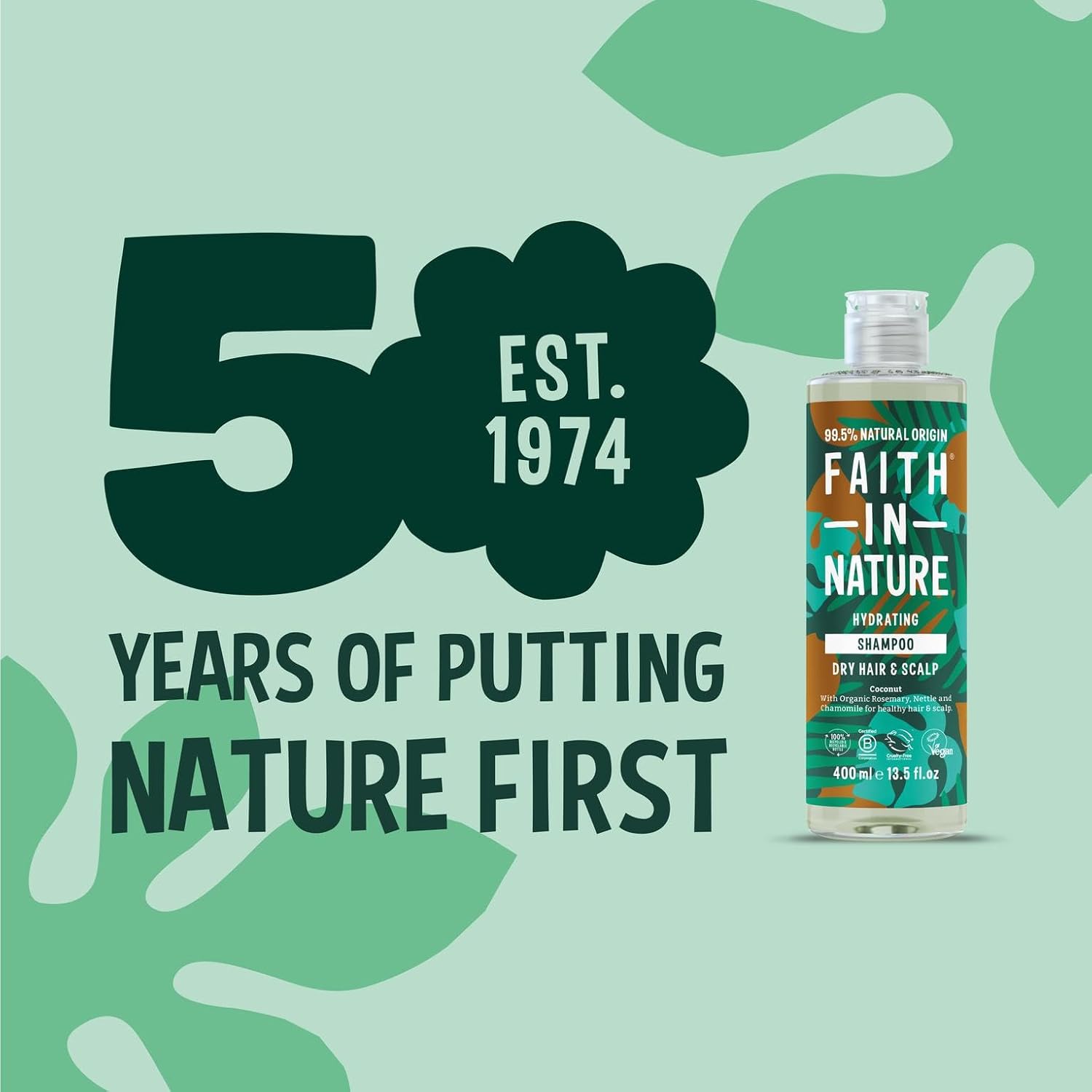 Close-up of the Faith In Nature Coconut Shampoo bottle showing ingredient list and natural origin claims