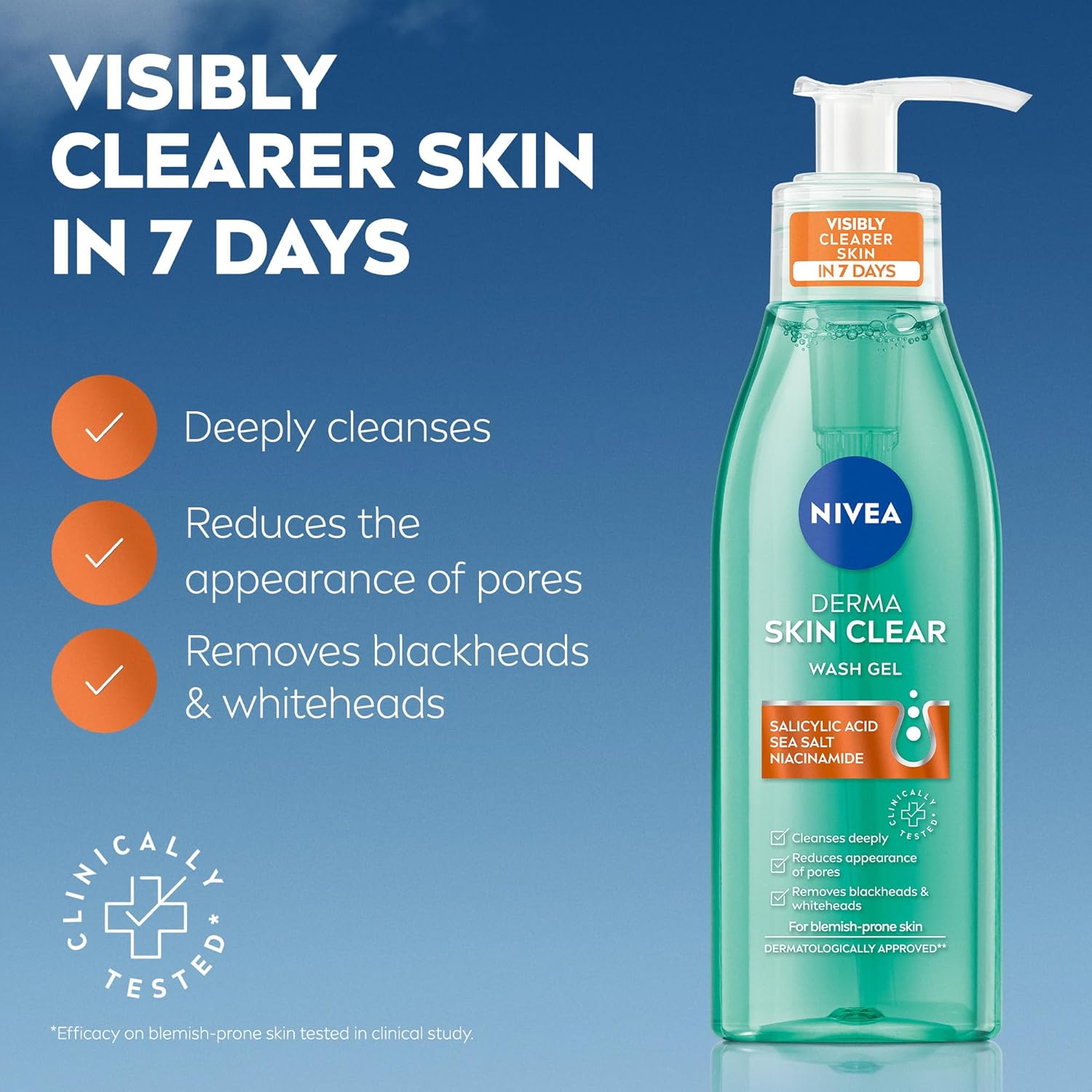 Close-up of the NIVEA Derma Skin Clear Wash Gel bottle showing brand and product name detail