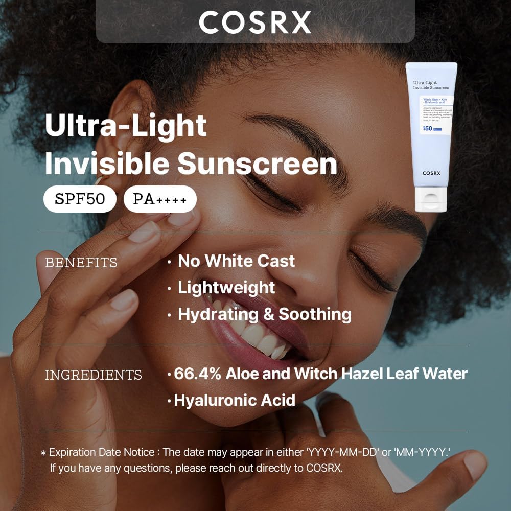 Close-up detail of the COSRX Ultra-Light Invisible Sunscreen tube cap and SPF labelling