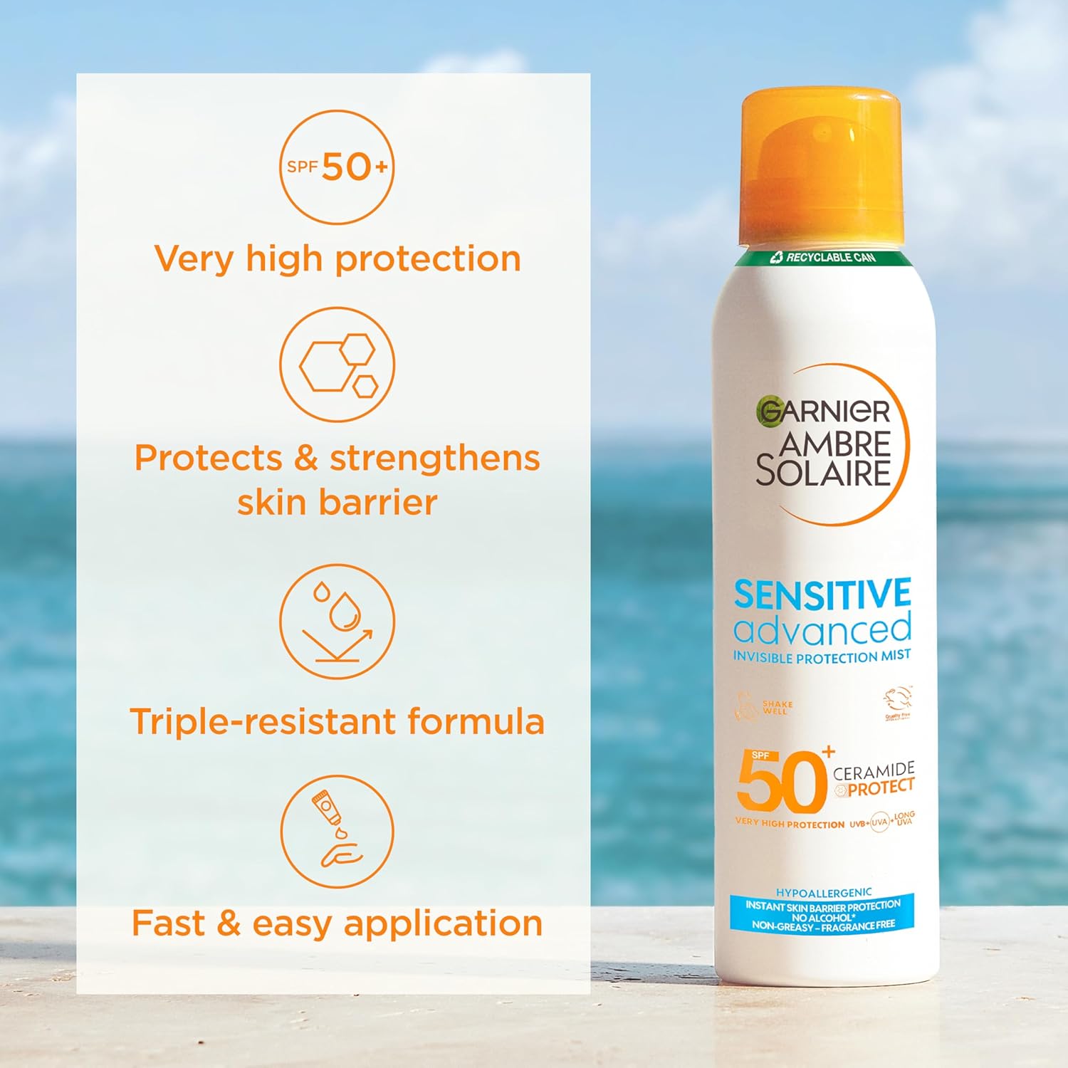Close-up detail of the Garnier Ambre Solaire spray nozzle