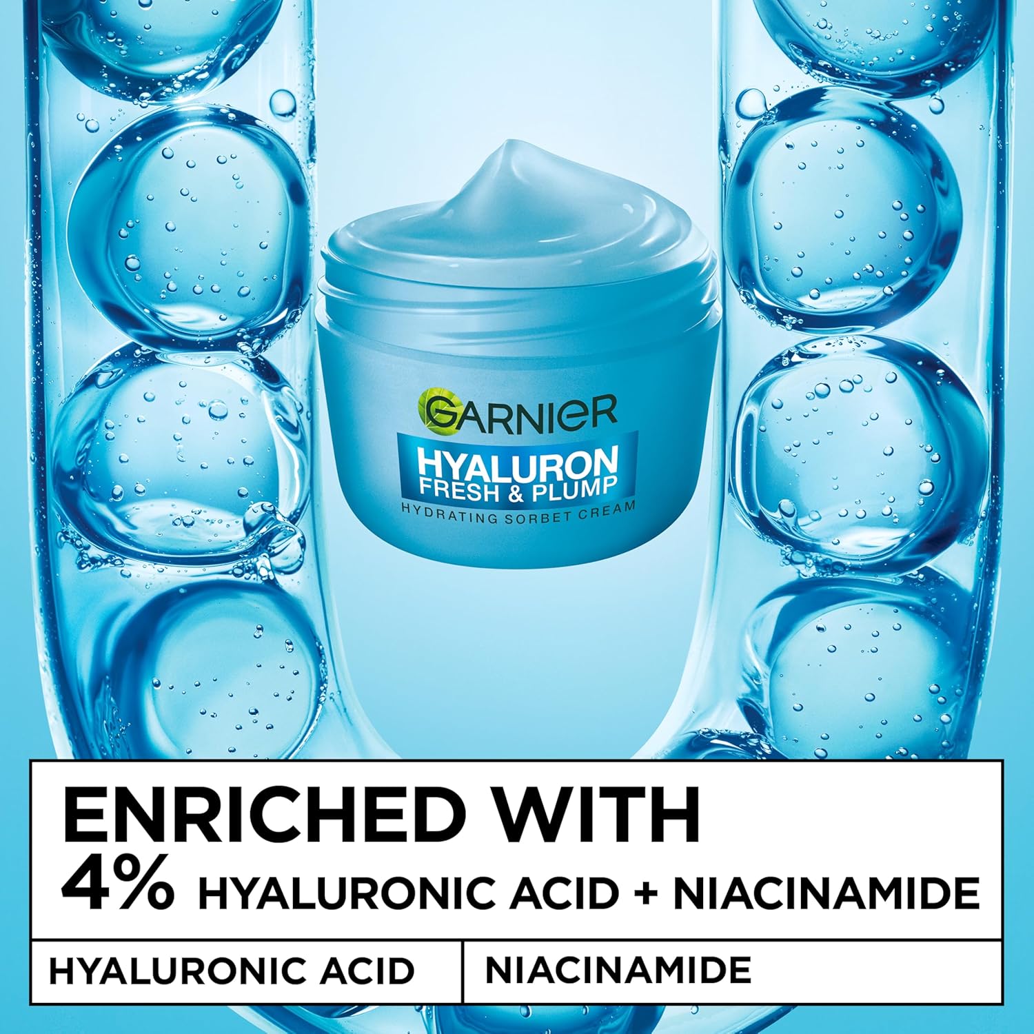 Detail view of the Garnier Hyaluron Fresh and Plump cream packaging showing the brand and product name