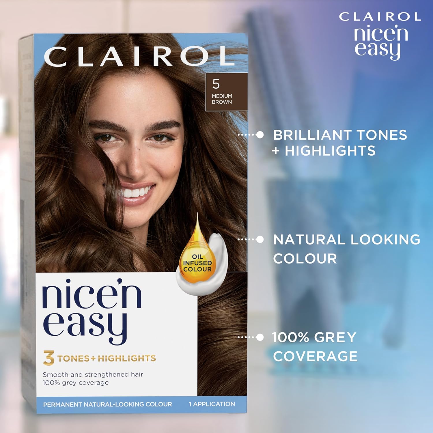 Detail view of the Clairol Nice'n Easy Crème 5A Medium Ash Brown packaging