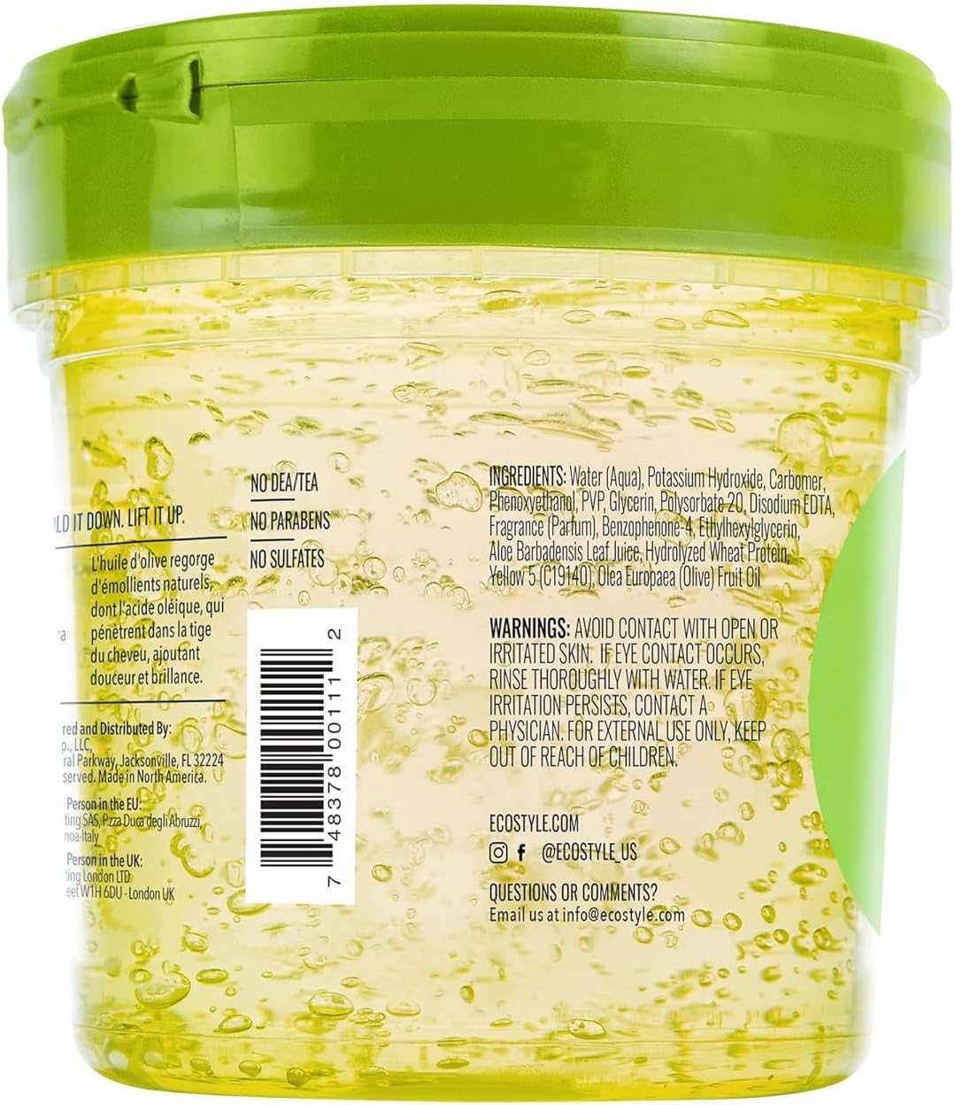 Detail shot of the Eco Style olive oil gel label and branding