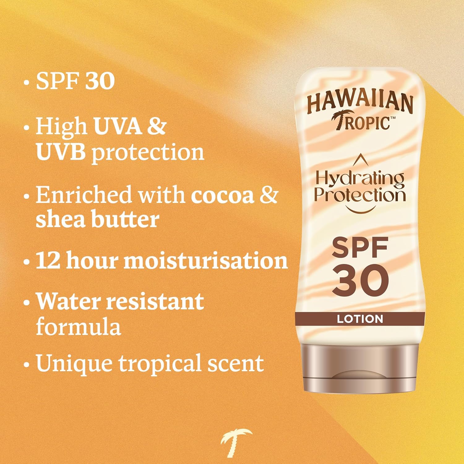 Close-up detail of the Hawaiian Tropic sunscreen lotion bottle and label