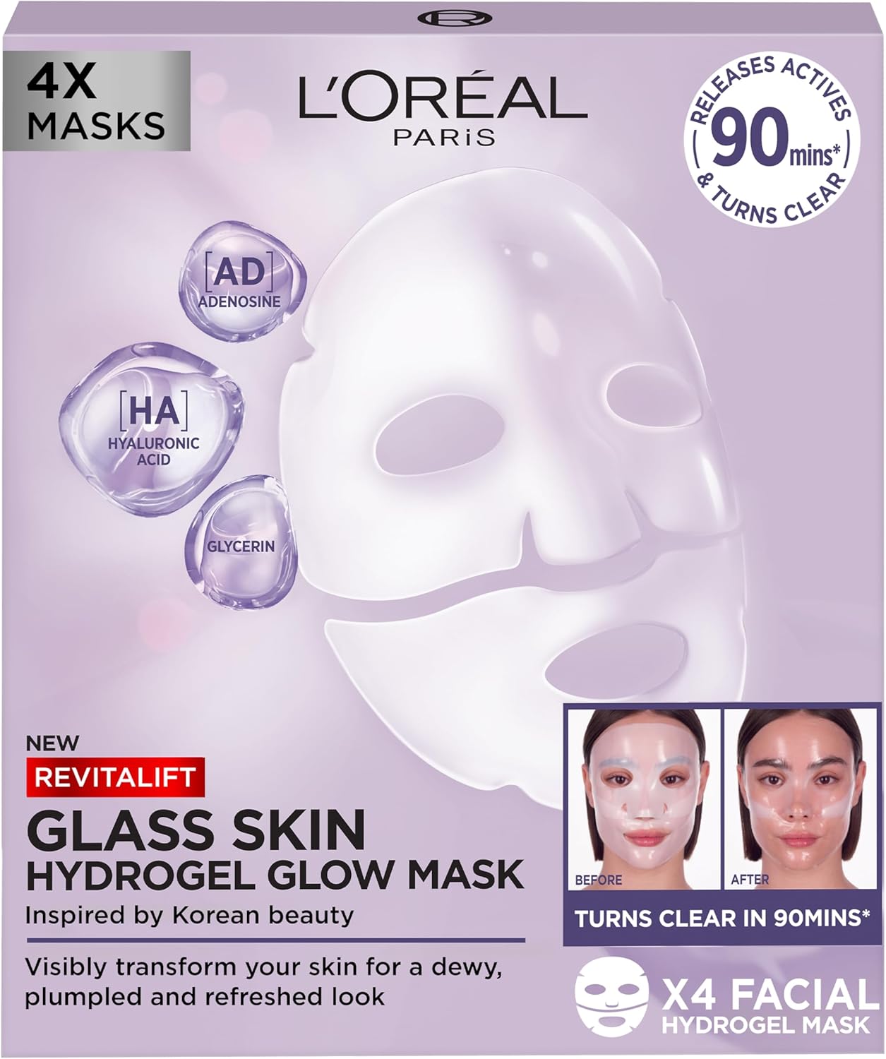 Close-up of the L'Oreal glass skin hydrogel mask packaging and detail