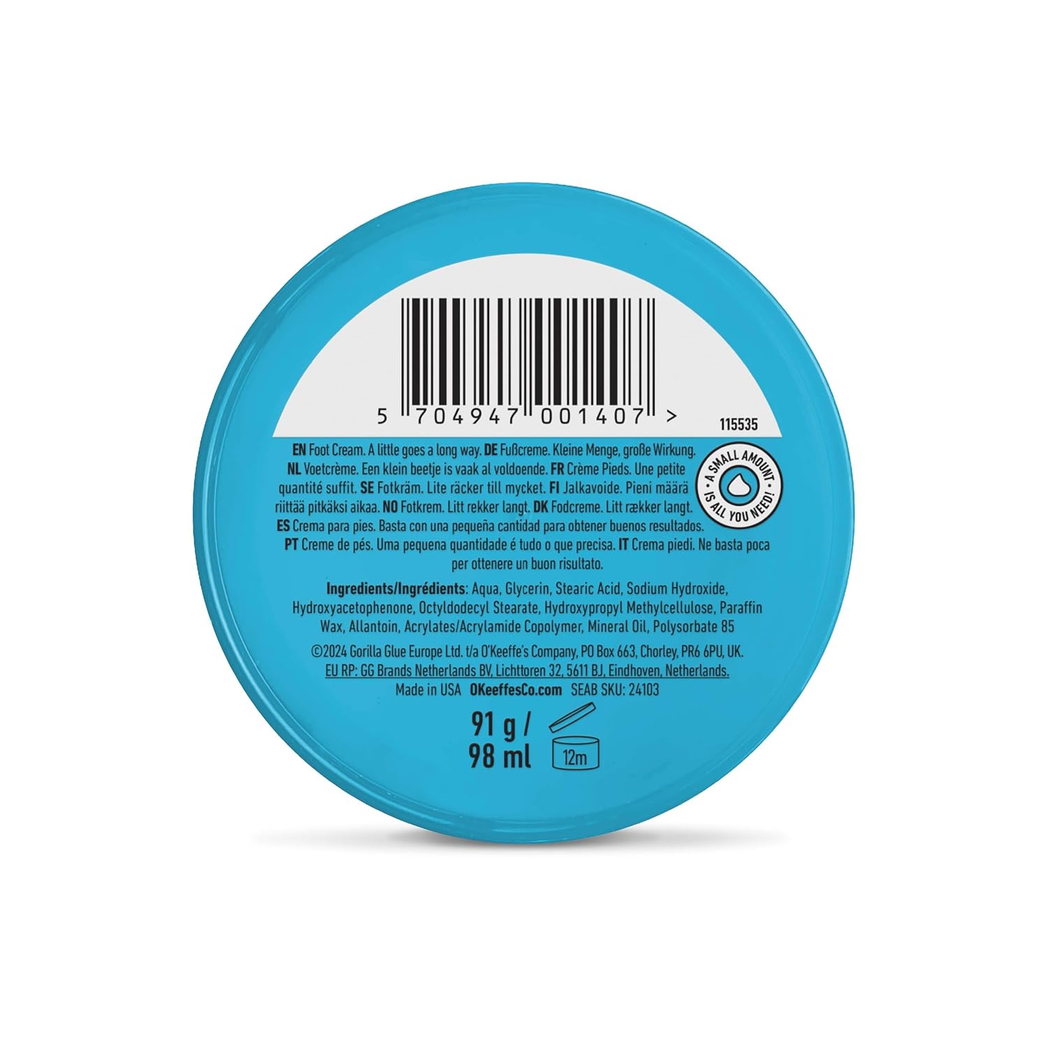 Close-up of the O'Keeffe's Healthy Feet tub lid showing the ingredient and information label