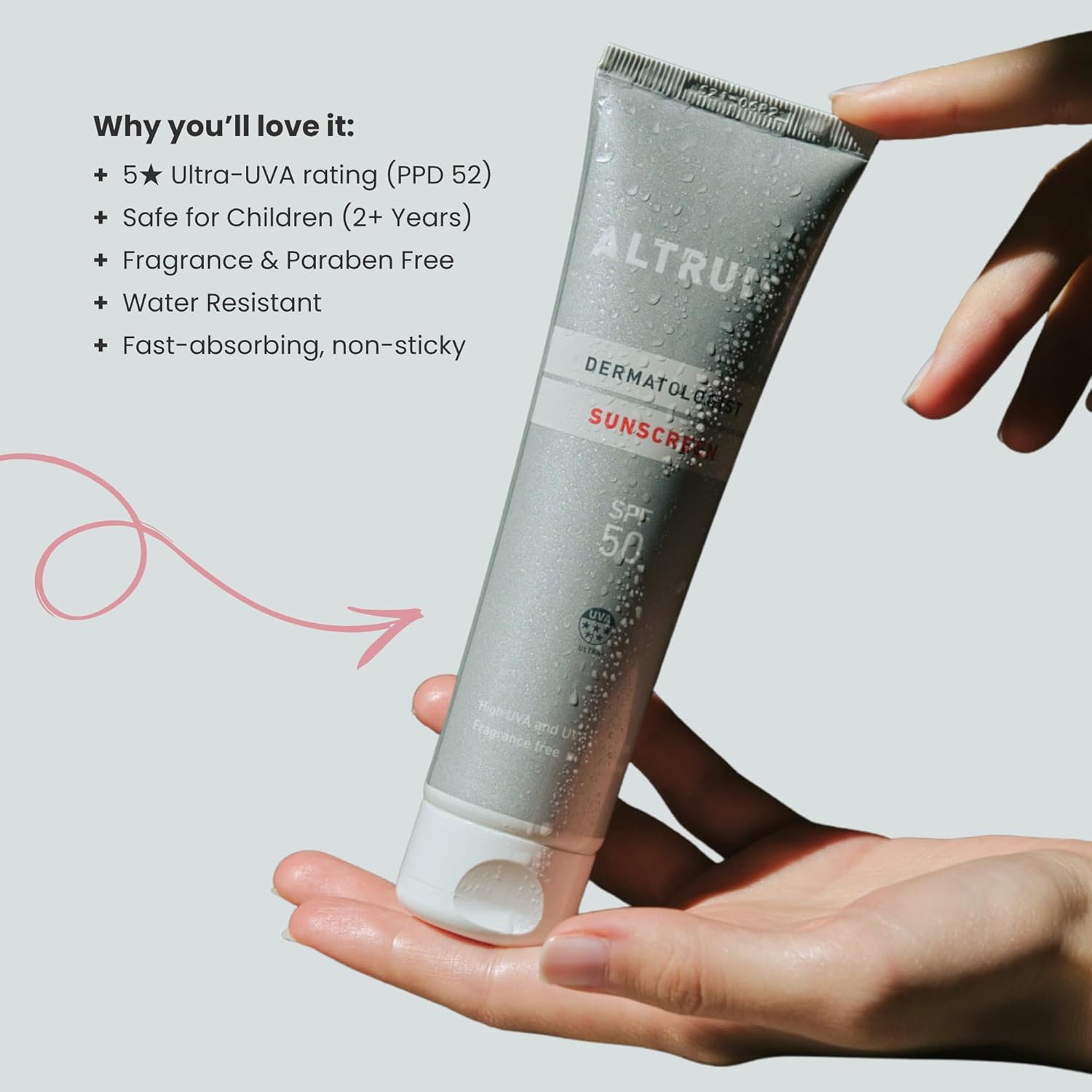Close detail of the Altruist SPF 50 tube showing the SPF 50 and 5-star UVA labelling
