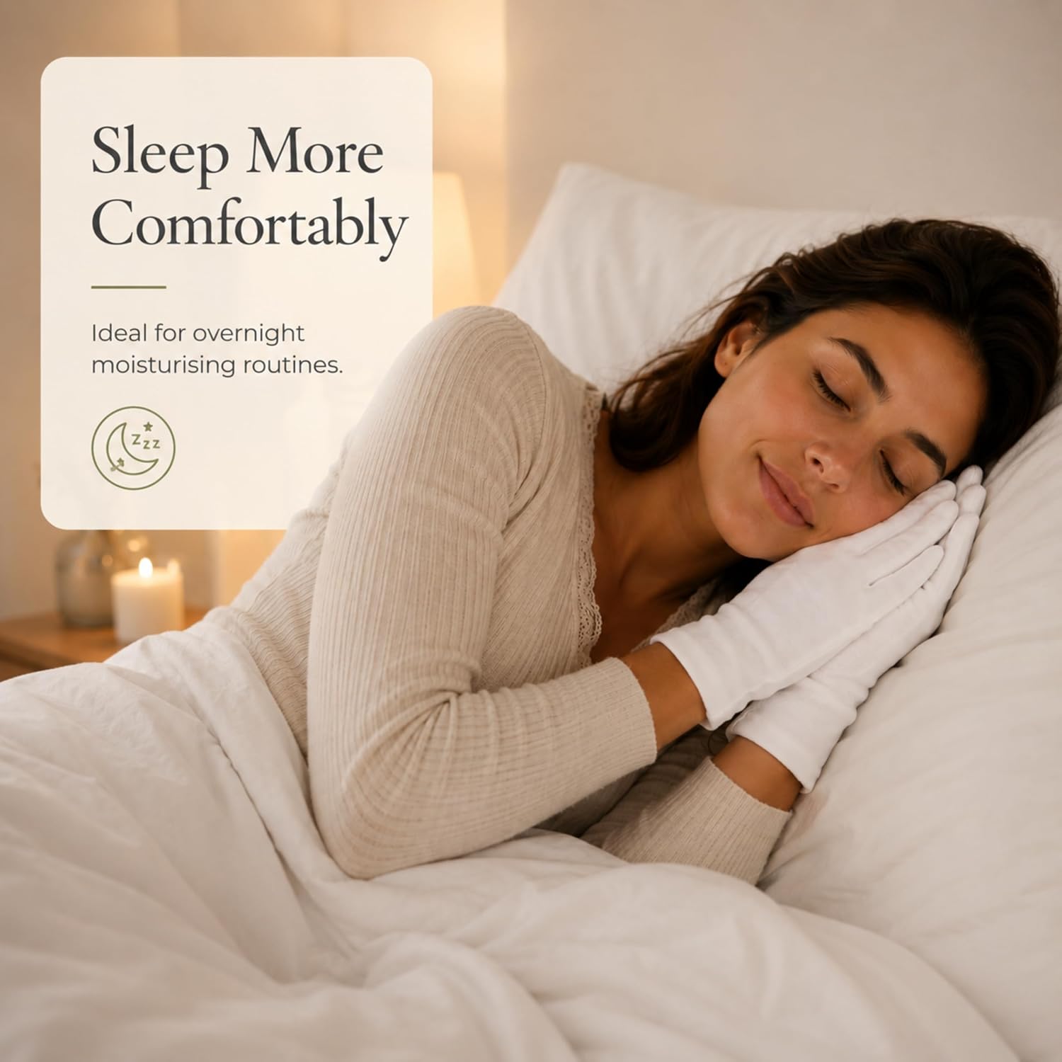 Woman asleep in bed wearing white cotton moisturising gloves as part of an overnight hand care routine