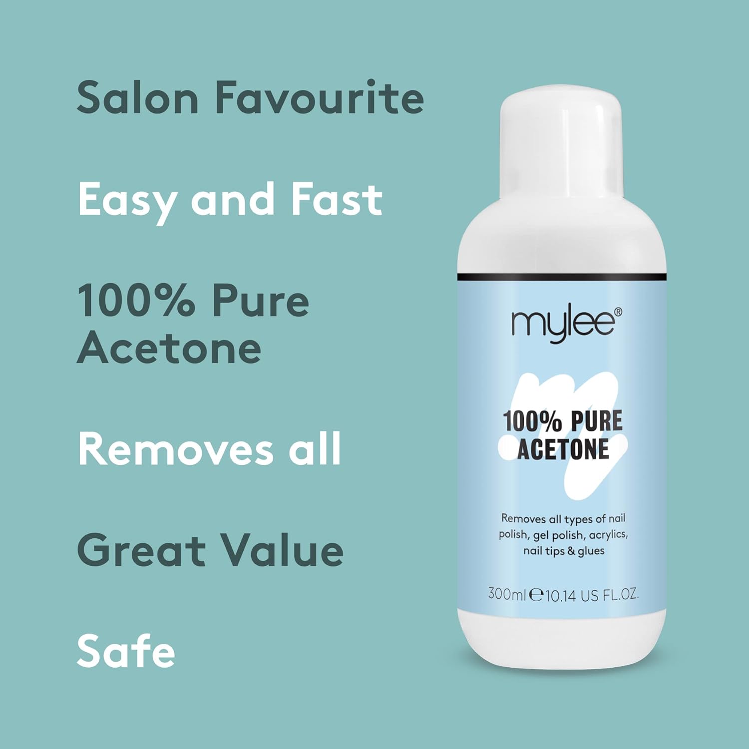Detail shot of the Mylee 100% pure acetone bottle label