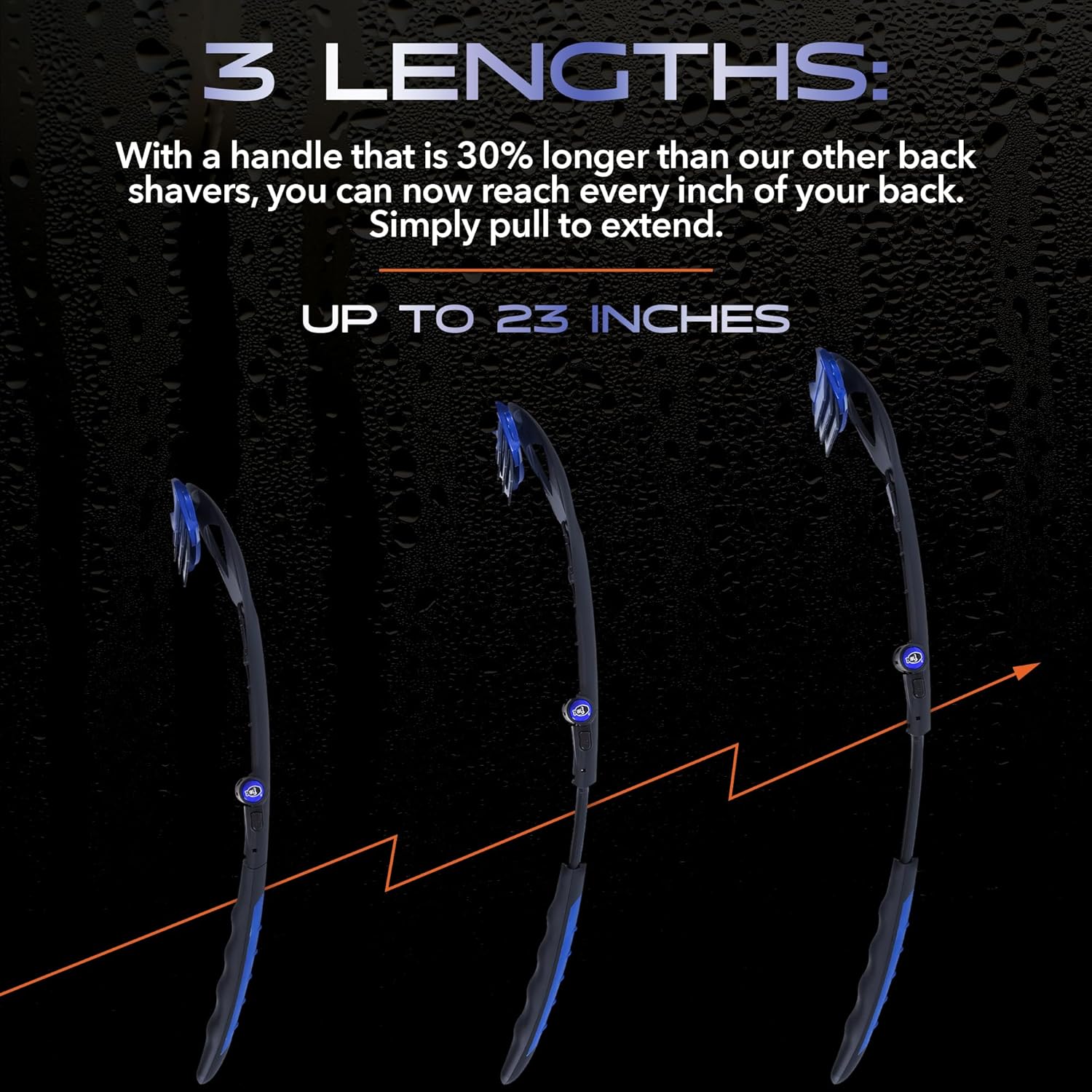 BakBlade 3.0 Stealth handle shown at three telescoping lengths, extending up to 23 inches