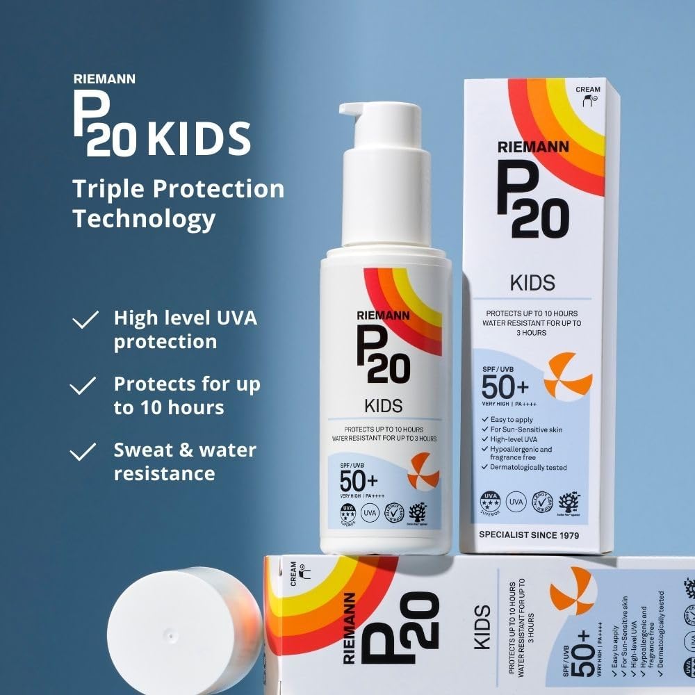 Riemann P20 Kids pump bottle and box with Triple Protection Technology claims: high level UVA, up to 10 hours, sweat and water resistance