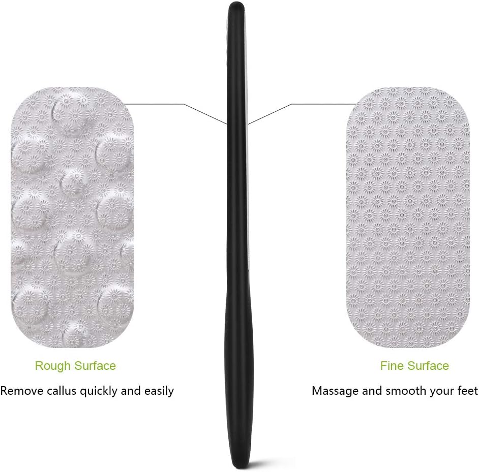 Close-up comparison of the BEZOX foot file's rough surface with raised bumps and its fine surface with a dense flat texture, with a thin side profile between them