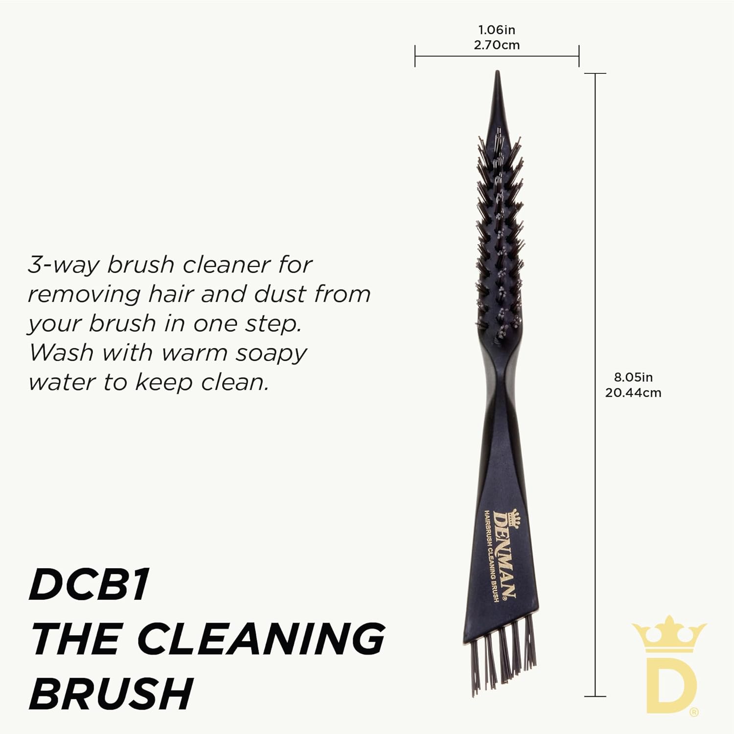 Denman DCB1 specification image showing the tool measured at 2.70 cm wide and 20.44 cm long, with the 3-way brush cleaner description