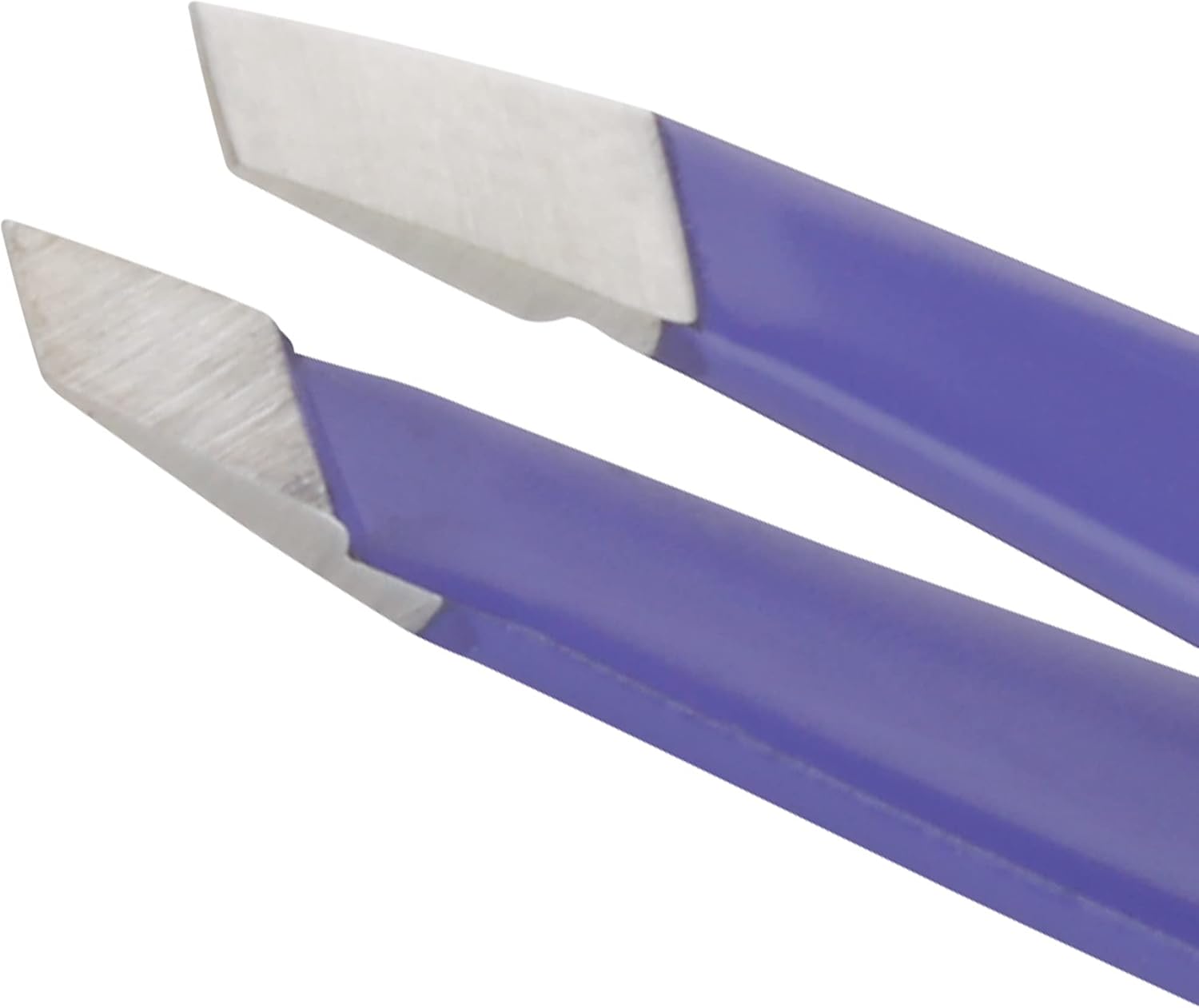 Close-up of the Tweezerman Mini Slant's two brushed stainless steel slanted tips