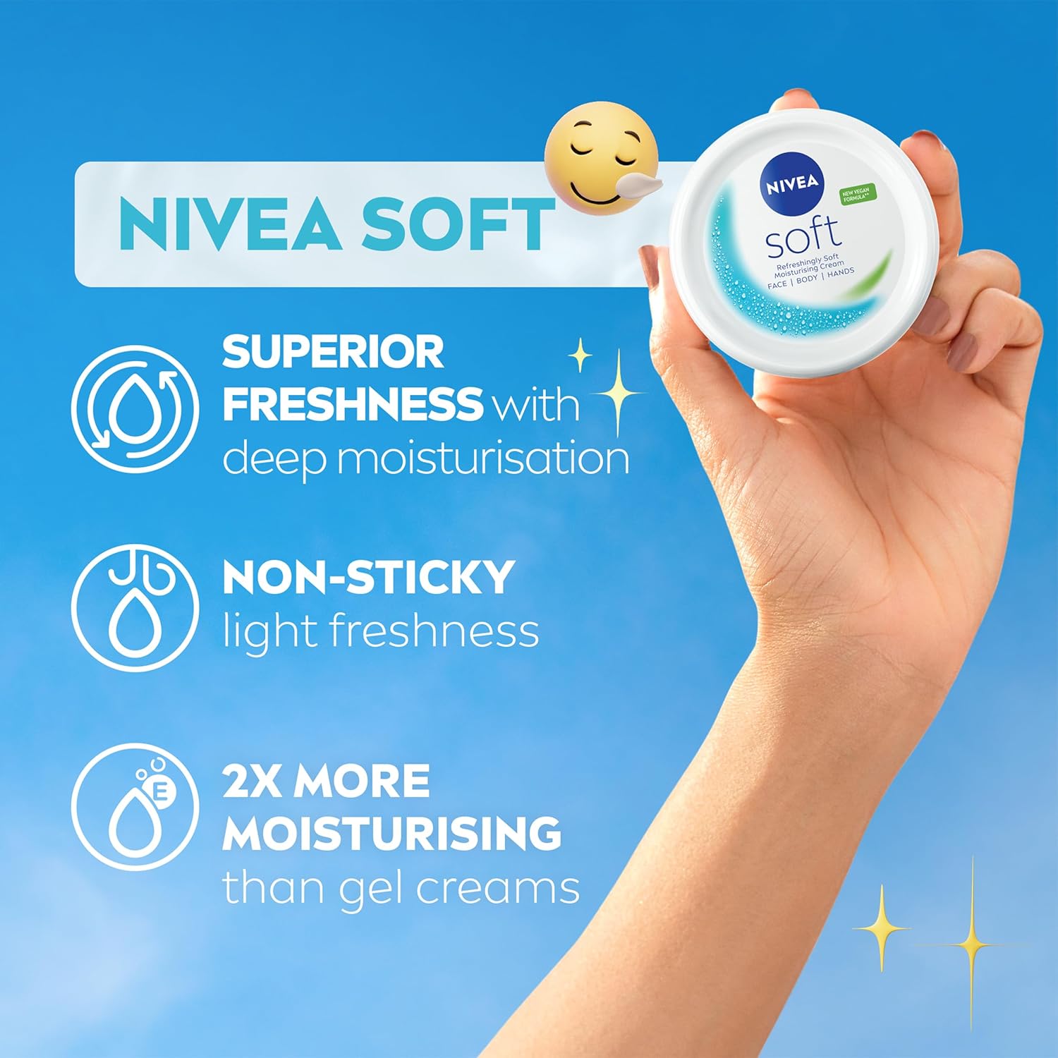 Infographic listing NIVEA Soft claims: superior freshness, non-sticky, and twice as moisturising as gel creams