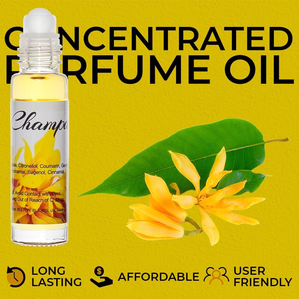 AL ANEEQ concentrated perfume oil roll-on beside a champaca flower with long lasting, affordable and user friendly icons