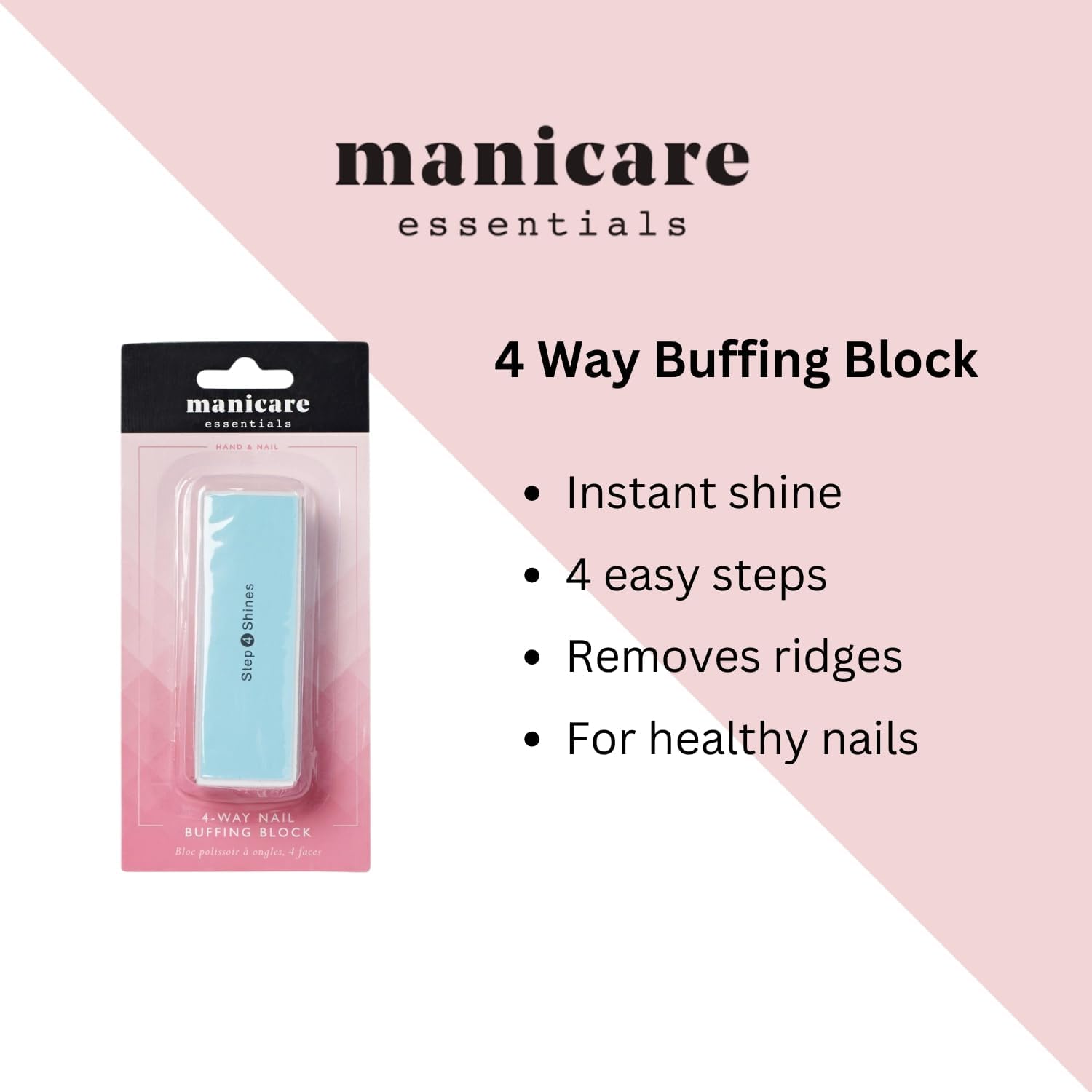 Manicare Essentials 4 Way Buffing Block listing graphic promising instant shine, four easy steps and ridge removal