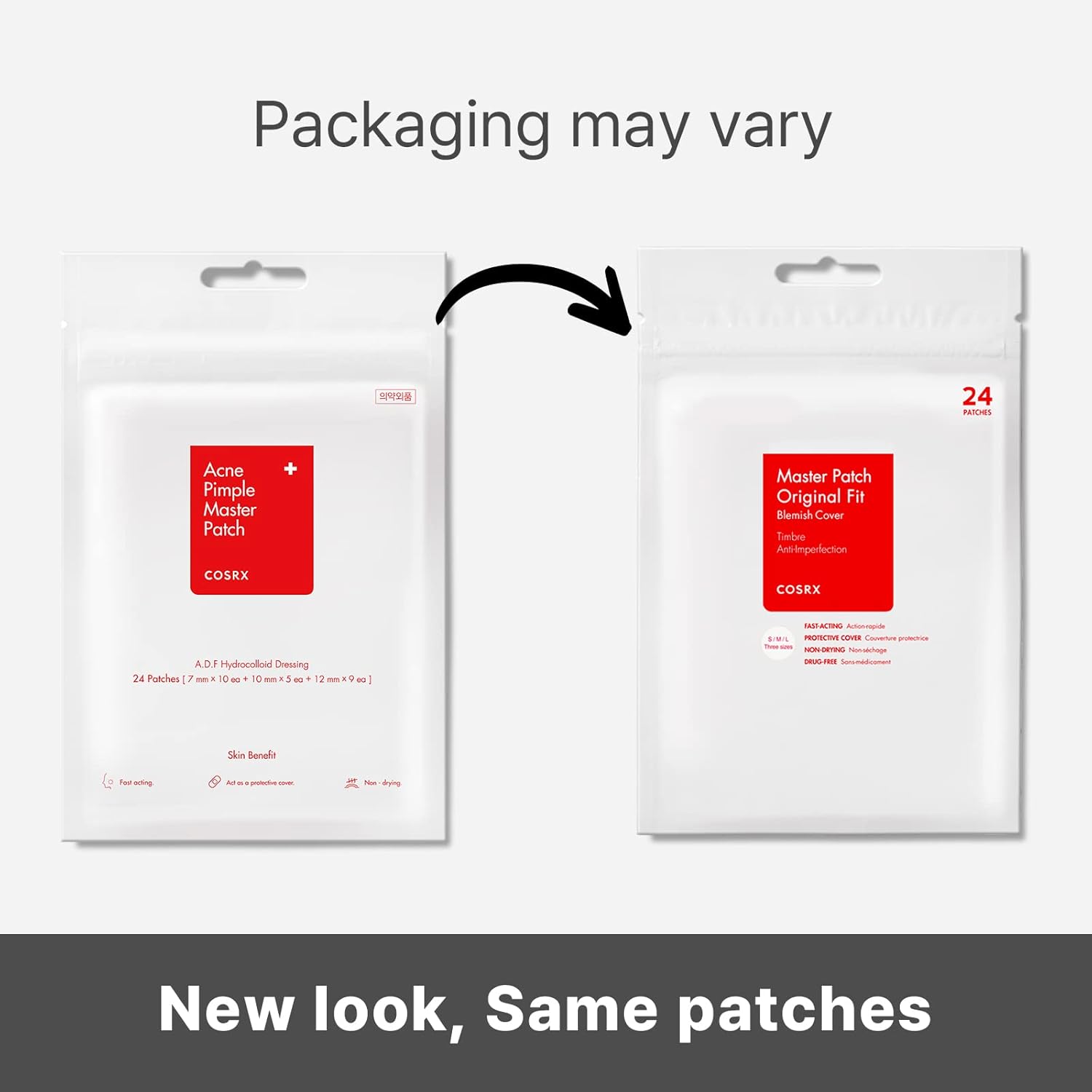 Old and new COSRX pimple patch packaging side by side under a packaging may vary note