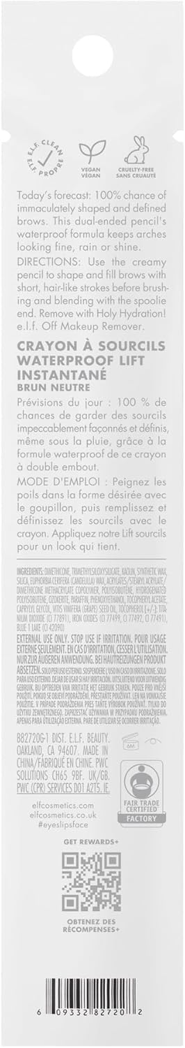 Back of the e.l.f. Instant Lift Waterproof Brow Pencil packaging showing directions, ingredients list and the six-month period-after-opening symbol