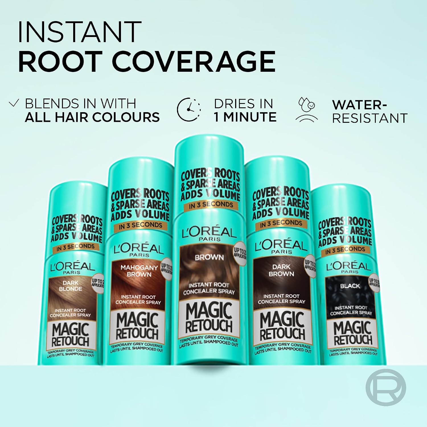 Magic Retouch shade line-up from Dark Blonde to Black with dries-in-one-minute and water-resistant claims