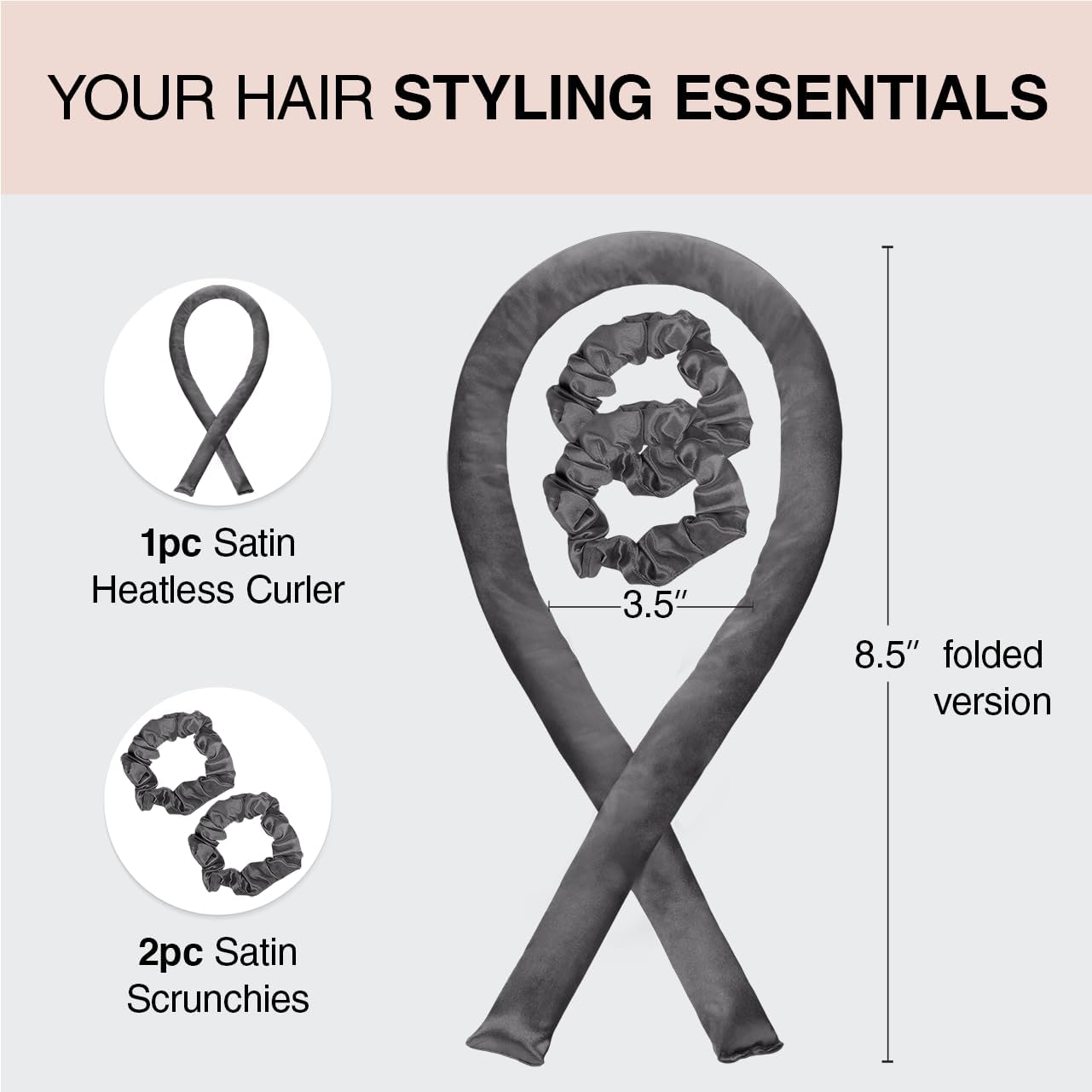 Diagram of the Kitsch set contents showing one satin heatless curler and two satin scrunchies with measurements