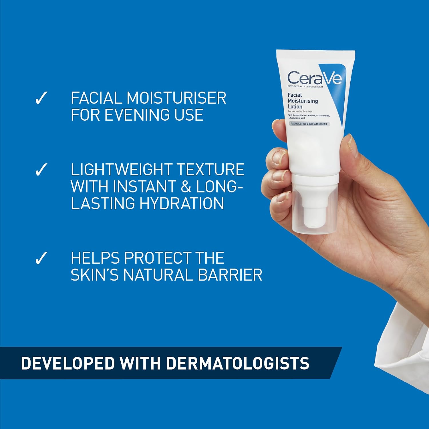 Hand holding the CeraVe PM lotion tube beside a list of its evening-use benefits