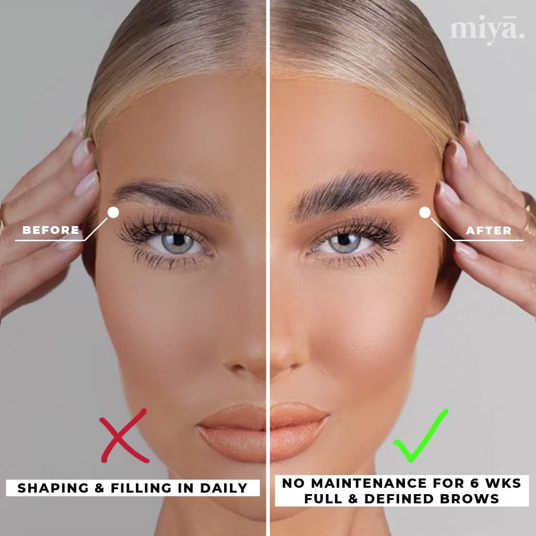 Split before-and-after portrait comparing daily brow filling with six weeks of maintenance-free full and defined laminated brows
