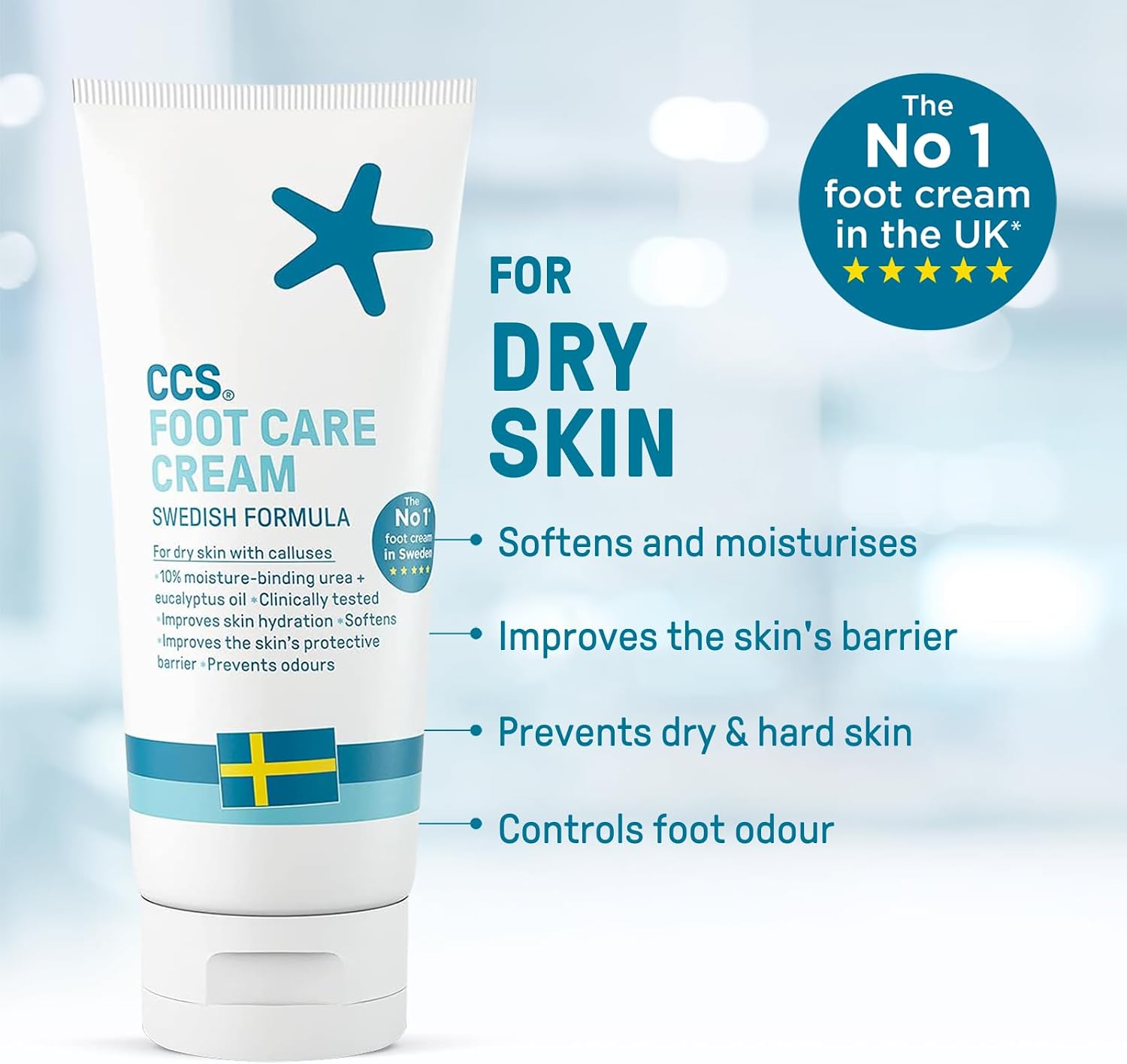 CCS Foot Care Cream 175 ml tube next to listing claims: softens and moisturises, improves the skin's barrier, prevents dry and hard skin, controls foot odour