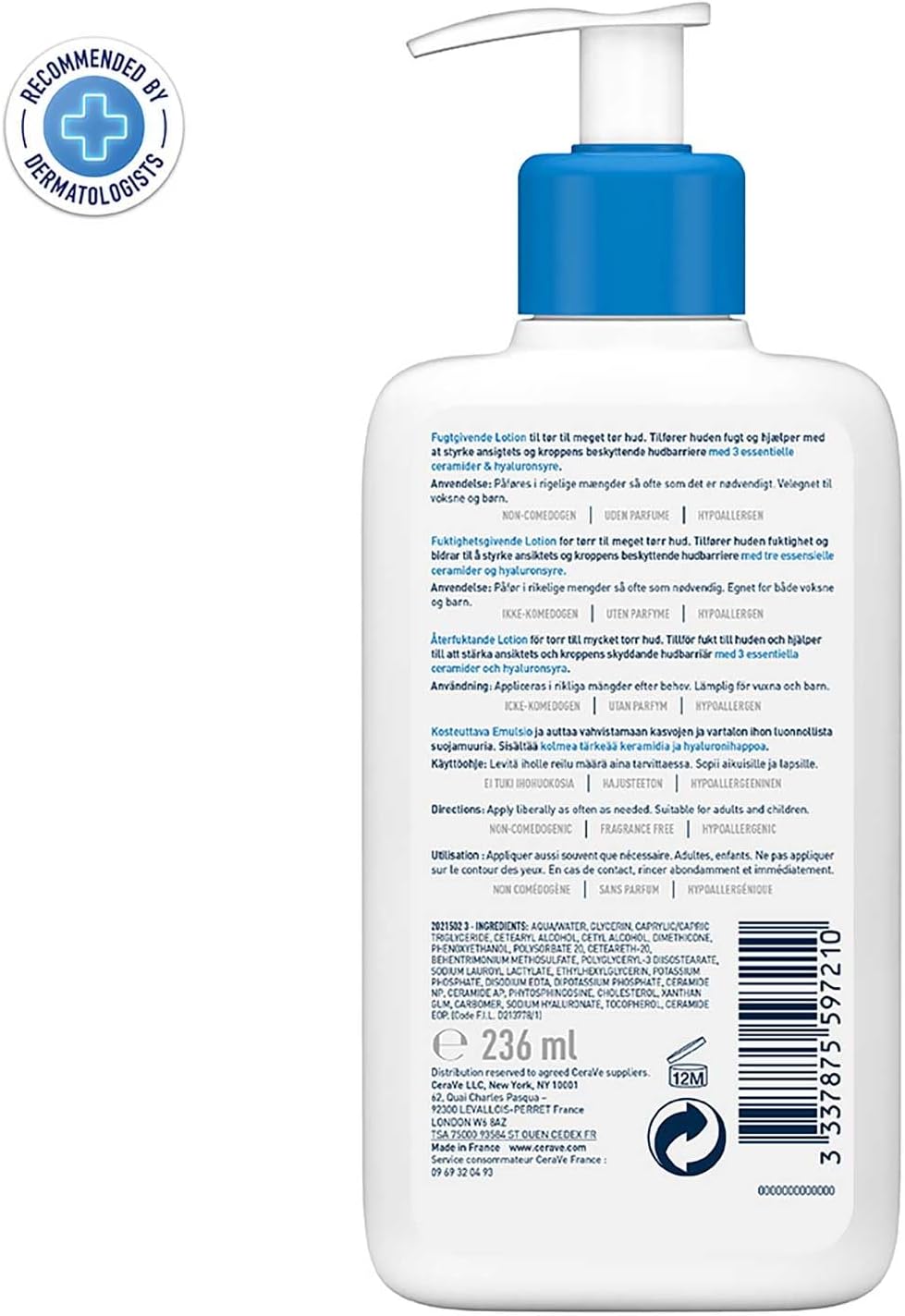 Back label of the CeraVe Moisturising Lotion 236 ml bottle showing the multilingual directions and full ingredients list