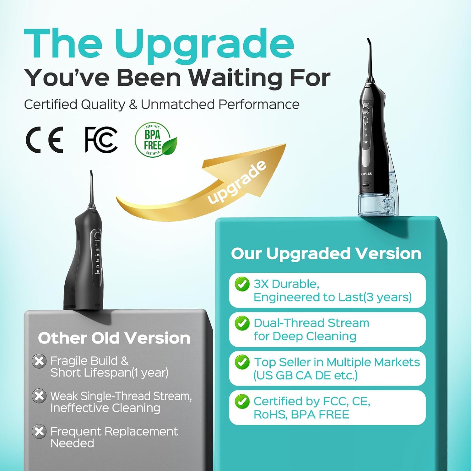 COSLUS upgraded model beside an older version showing CE, FCC and BPA free certification marks