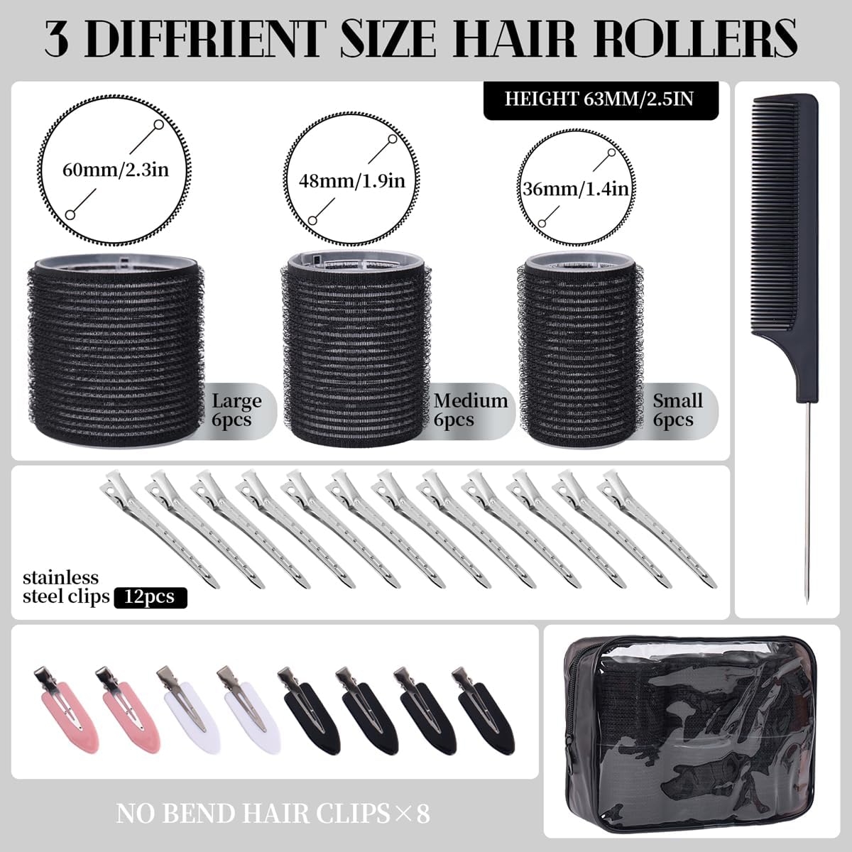 Listing diagram showing three roller sizes at 60 mm, 48 mm and 36 mm alongside twelve stainless steel clips and eight no bend clips