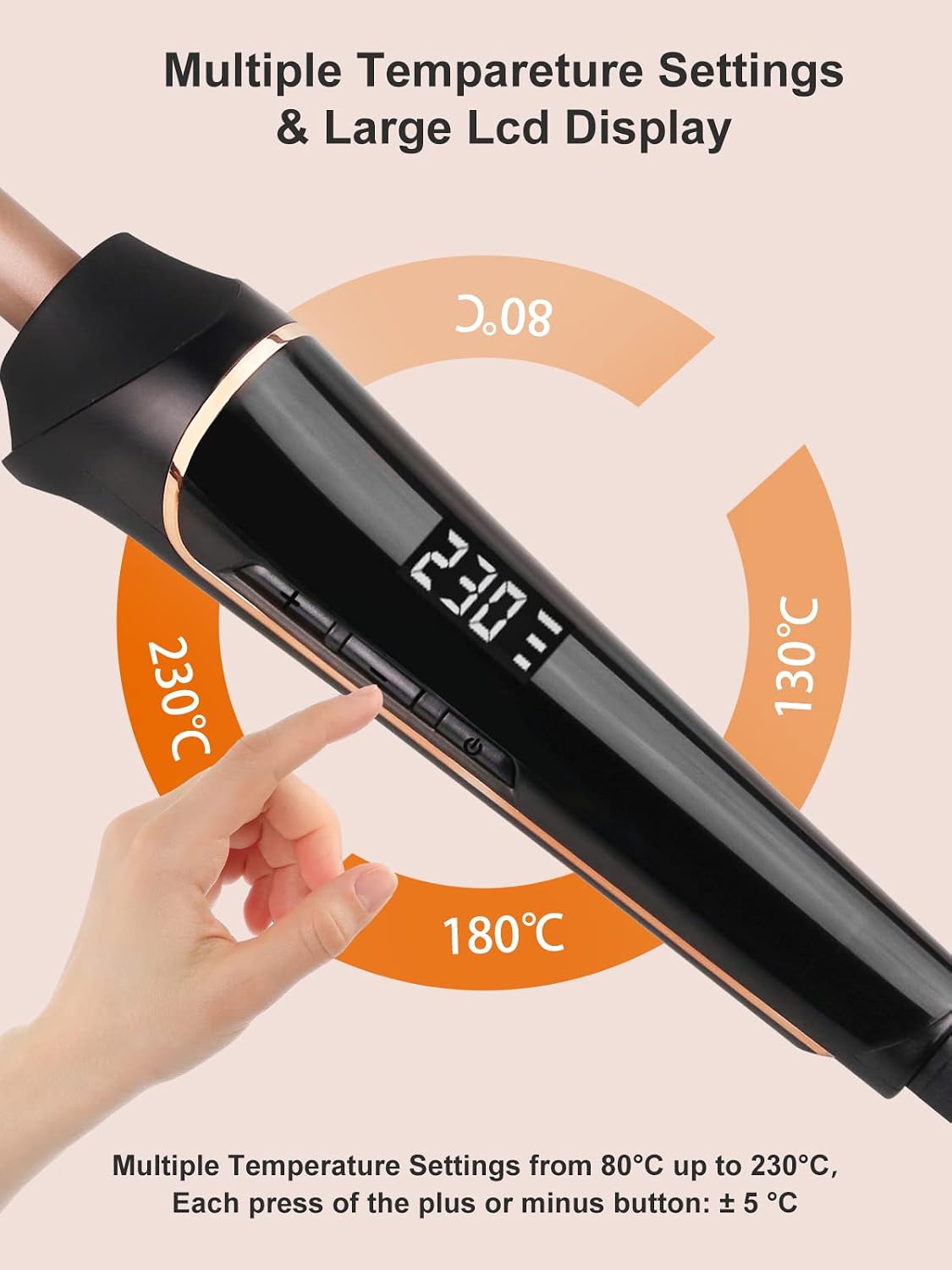 janelove spec panel showing the LCD at 230 and a dial marked 80°C, 130°C, 180°C and 230°C, captioned each press of the plus or minus button adjusts by 5°C