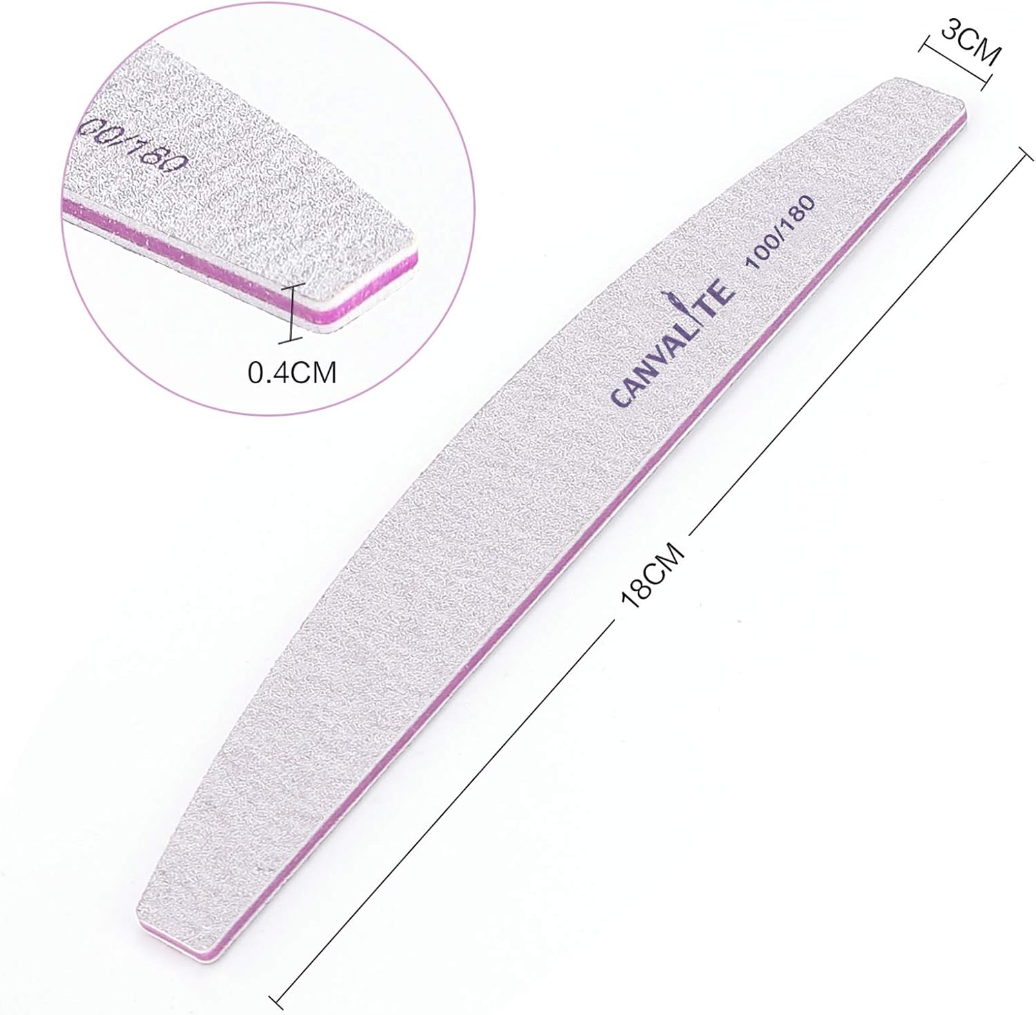 Diagram showing the nail file dimensions of 17.7cm length, 2cm width and 0.4cm thickness with edge construction inset