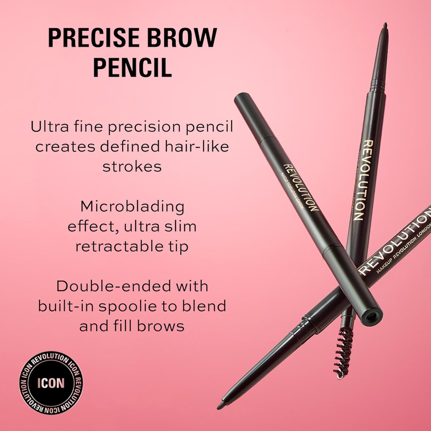 Infographic showing Revolution Precise Brow Pencil key features - ultra fine tip, microblading effect, and built-in spoolie