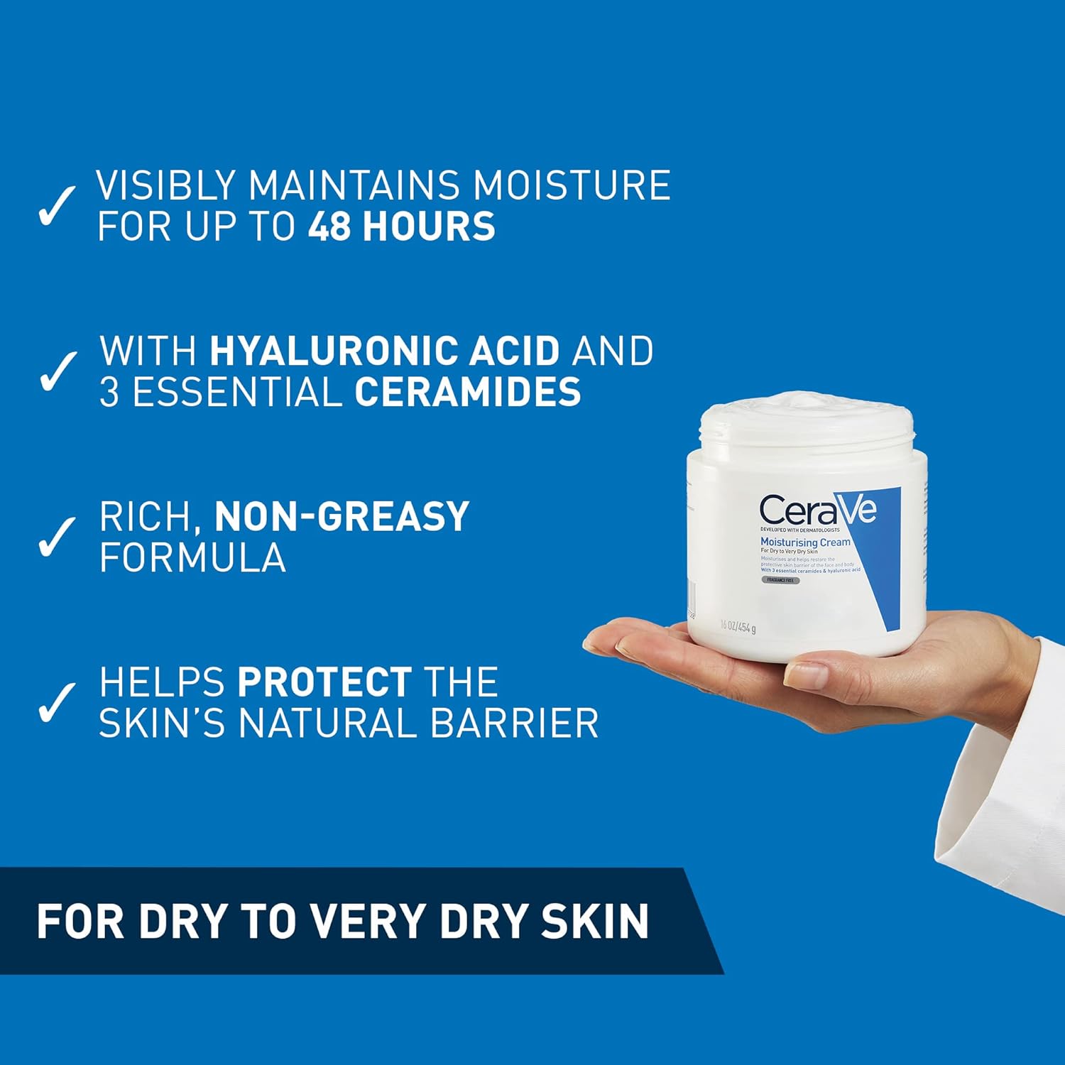 CeraVe Moisturising Cream key benefits infographic showing 48-hour moisture, ceramides, and non-greasy formula
