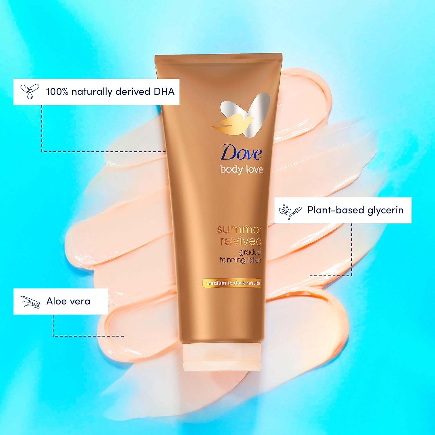 Dove Summer Revived key ingredients including DHA, glycerin, and aloe vera extract