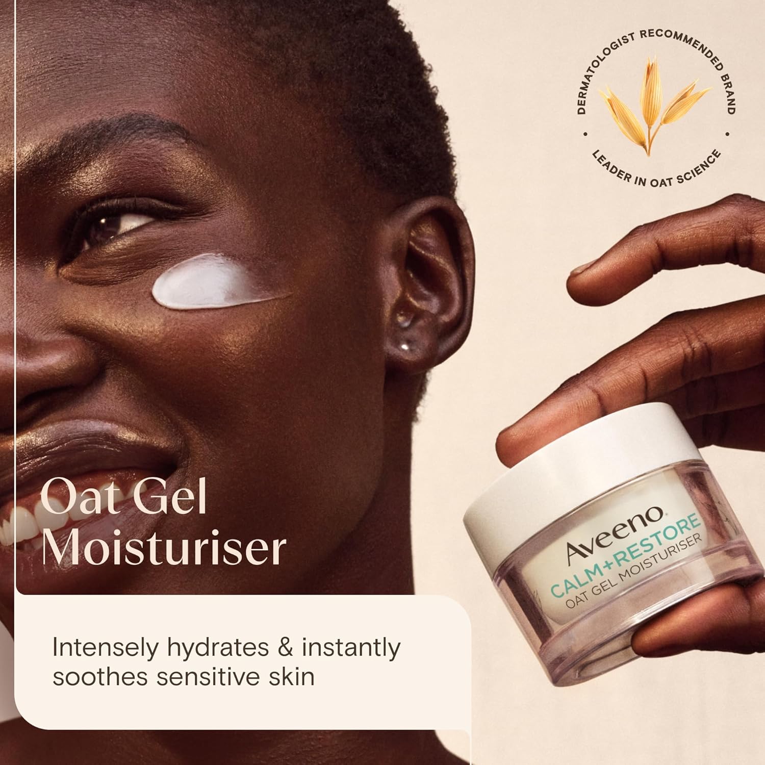 Woman applying a dab of Aveeno Calm+Restore moisturiser to her cheek while holding the jar