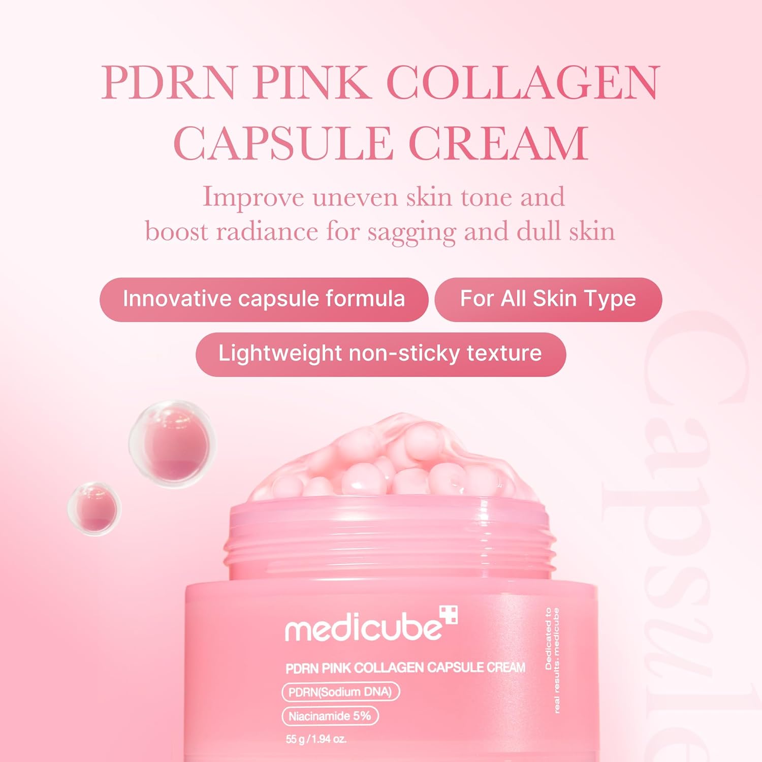 medicube promotional graphic claiming lightweight non-sticky texture for the PDRN pink collagen capsule cream