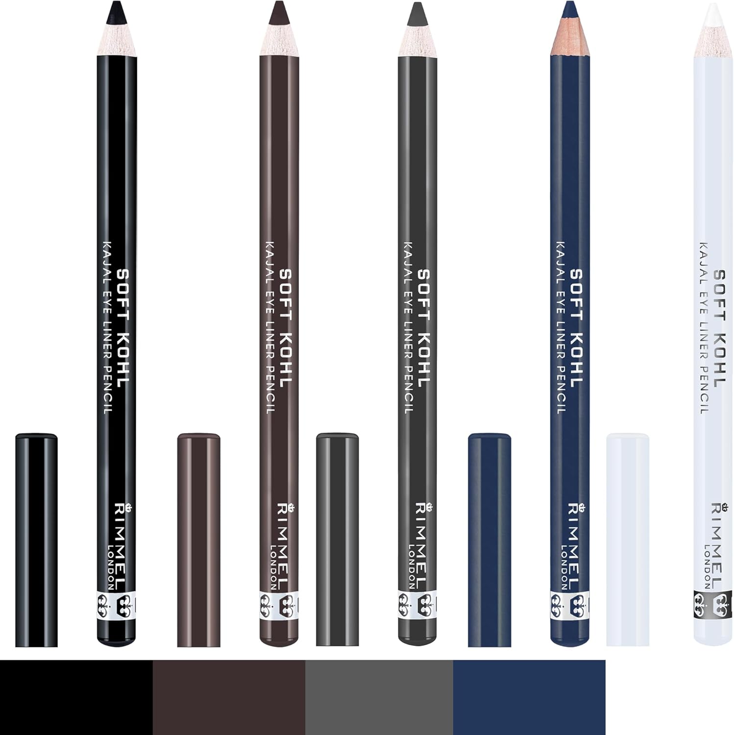 Five Rimmel Soft Kohl pencils showing the full shade range with colour swatches