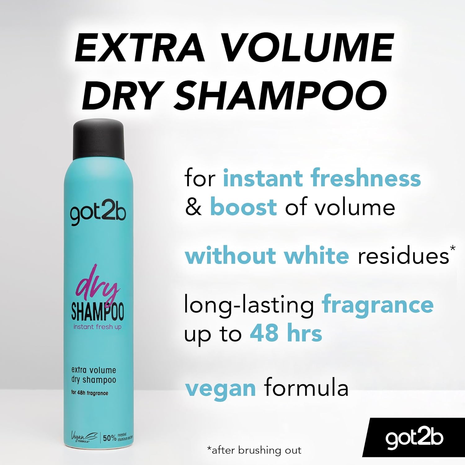 got2b Extra Volume Dry Shampoo key features including instant freshness, no white residues, 48 hour fragrance and vegan formula