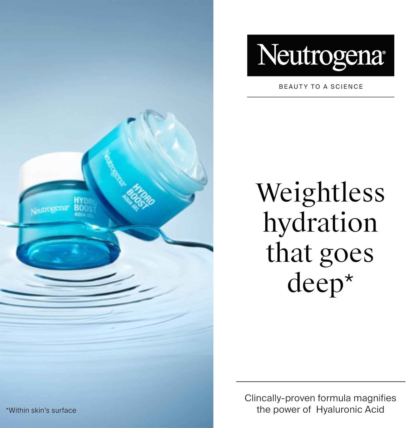 Neutrogena Hydro Boost Water Gel on a water surface with hydration splash effect