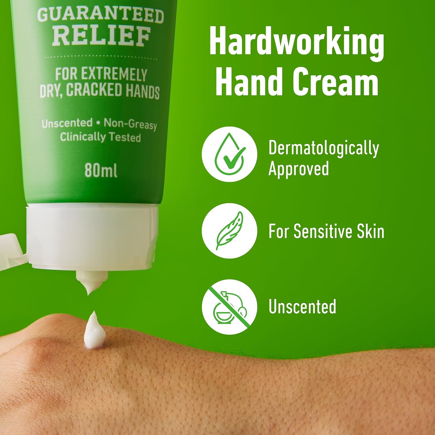 O'Keeffe's Working Hands tube features showing dermatologically approved, for sensitive skin, and unscented labels