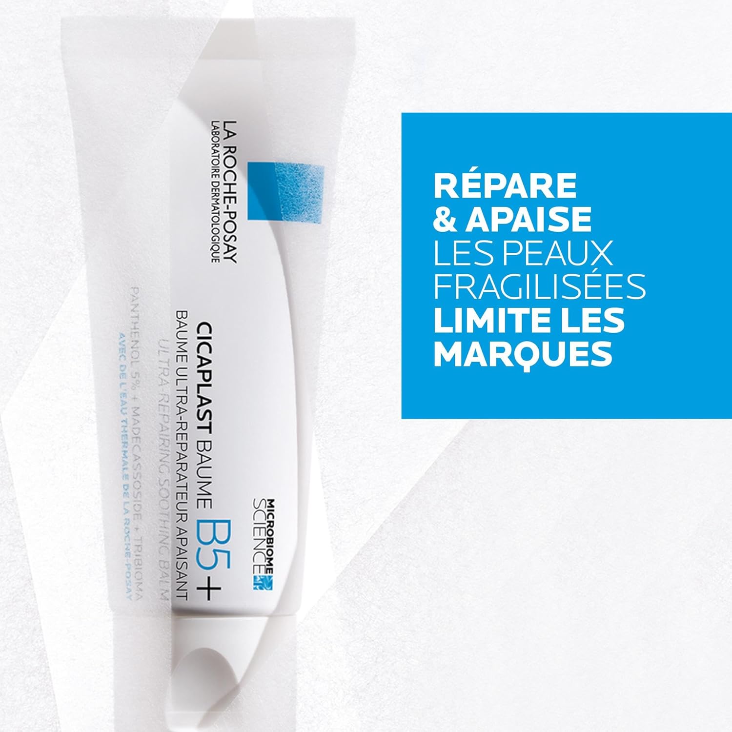 La Roche-Posay Cicaplast Baume B5+ tube angled view highlighting repairing and soothing claims