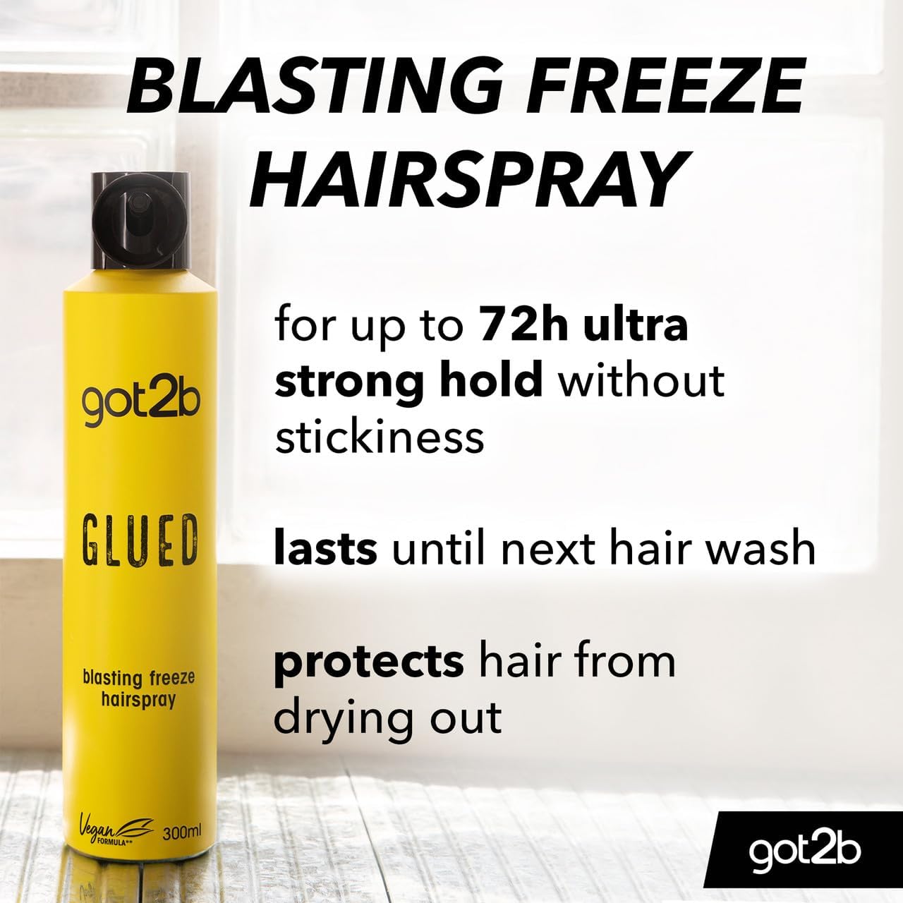 got2b Glued lifestyle banner showing three key claims including 72 hour ultra strong hold