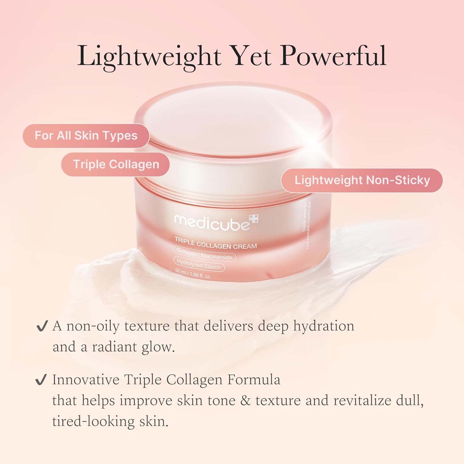 Side angle view of the Medicube Triple Collagen Cream container on a flat surface