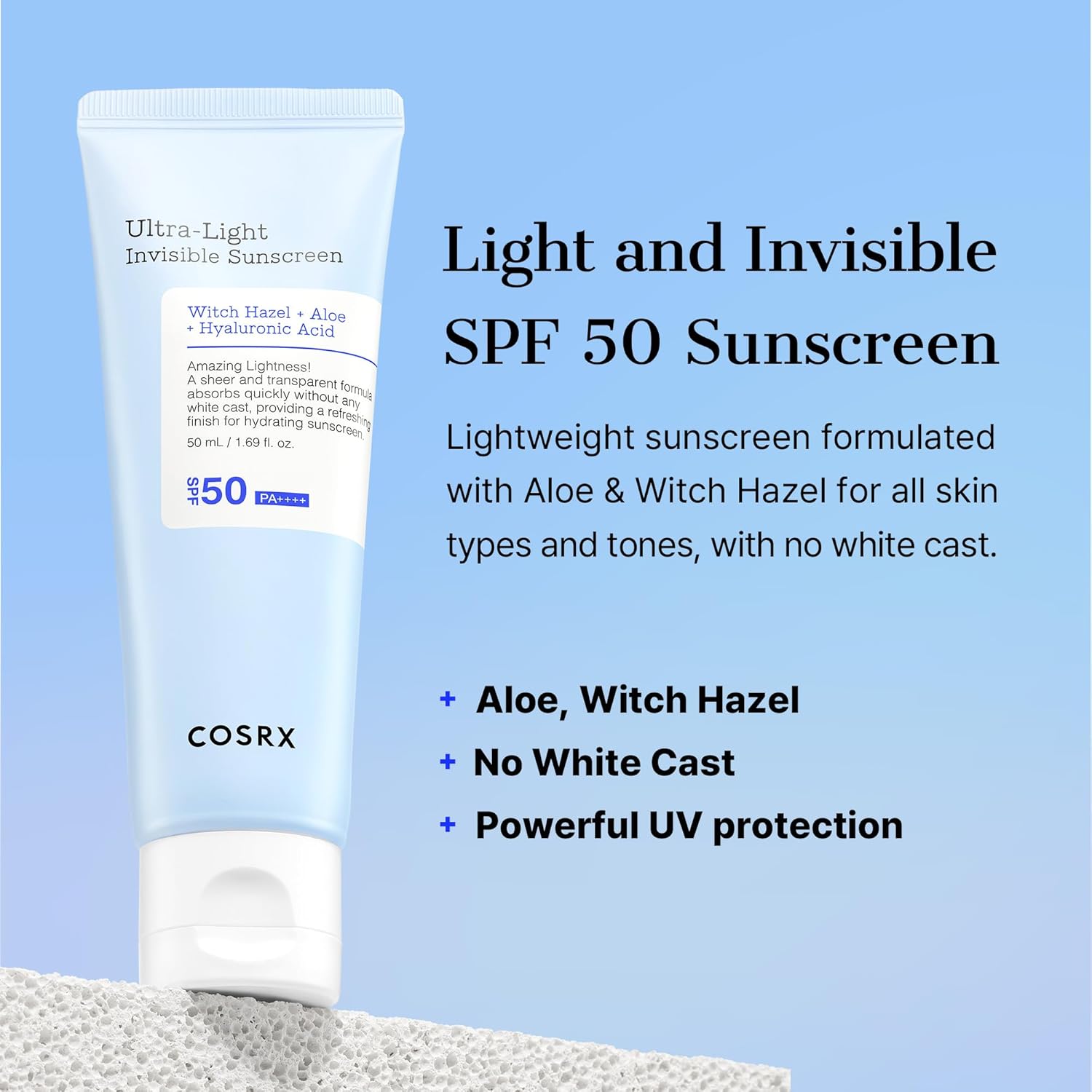 Side angle view of the COSRX sunscreen tube showing the slim travel-friendly shape