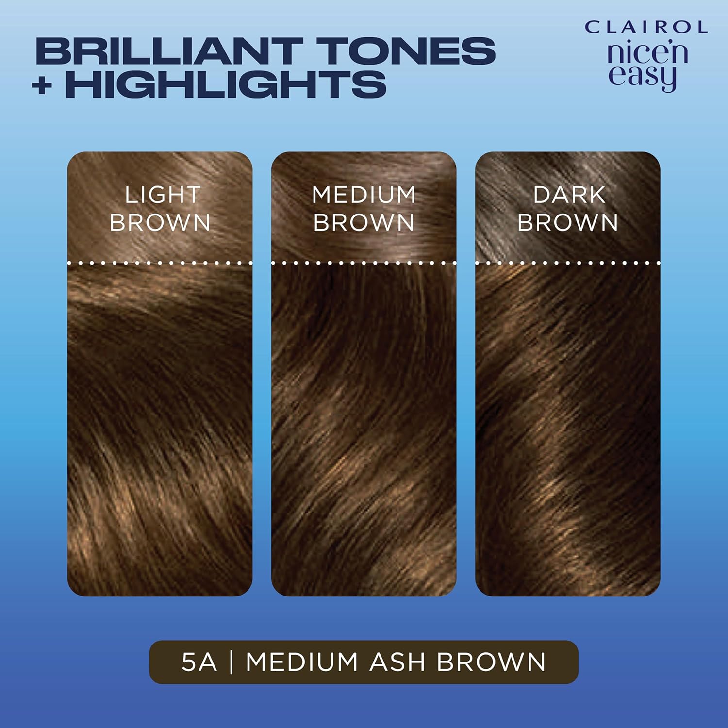 Angled view of the Clairol Nice'n Easy 5A Medium Ash Brown hair dye box