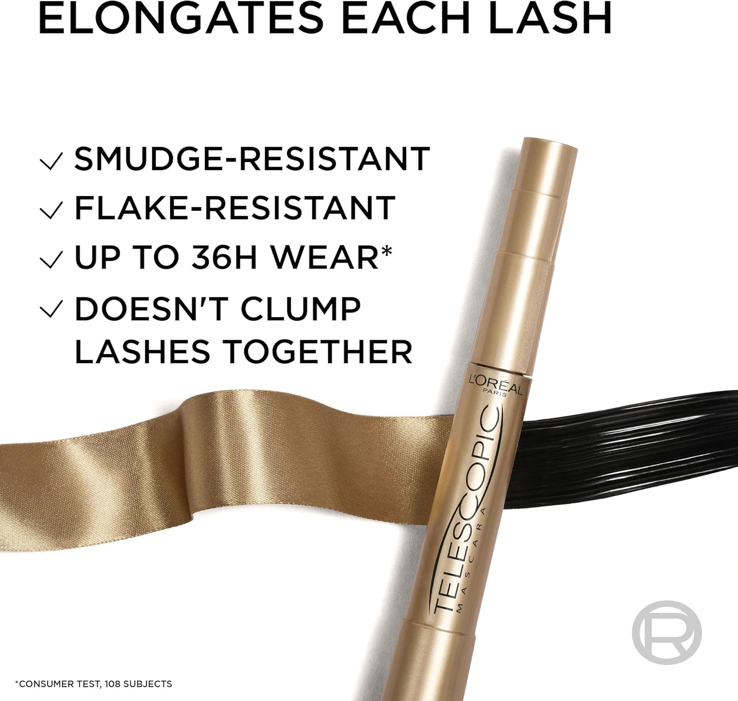L'Oréal Telescopic Original mascara shown at an angle highlighting the precision brush design
