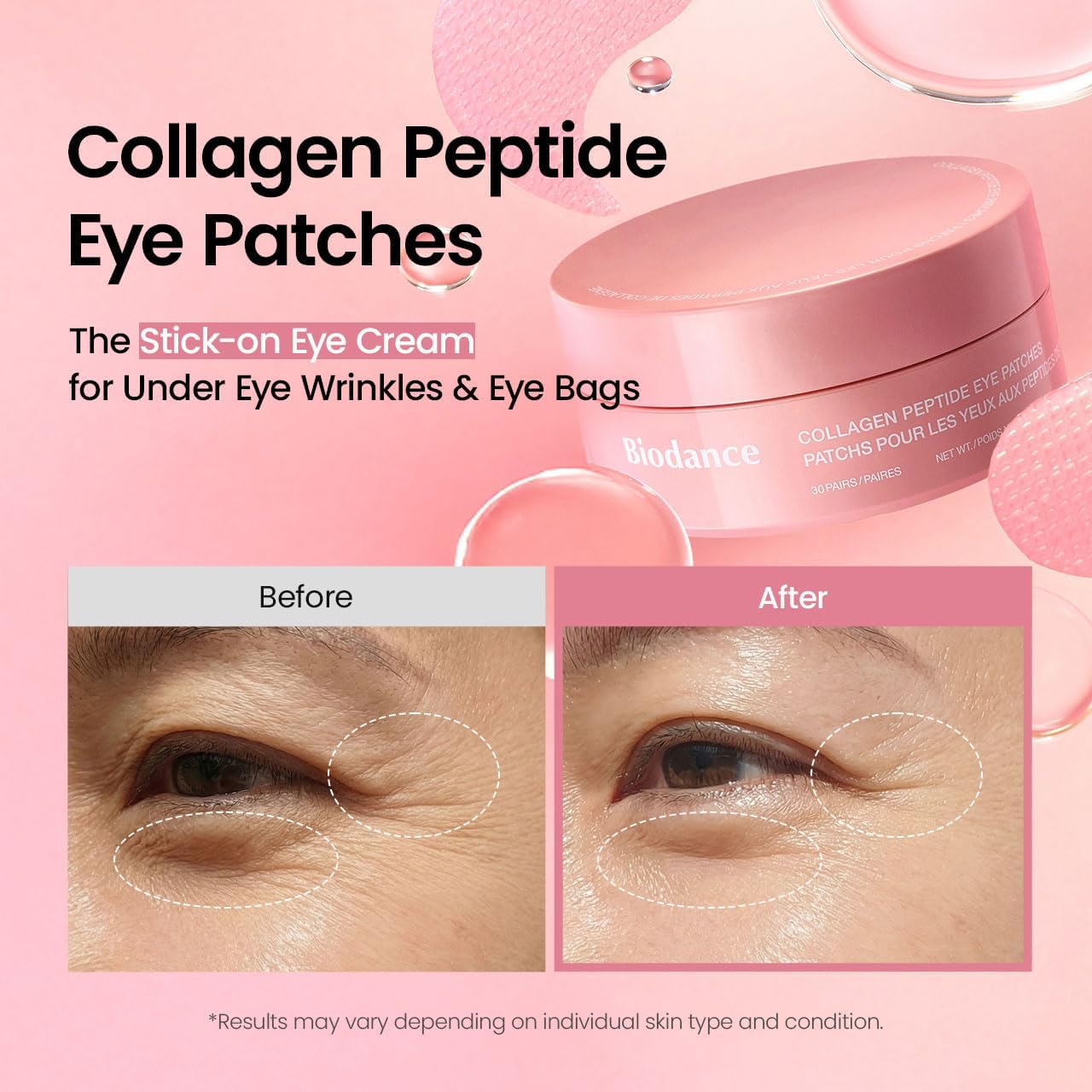 BIODANCE eye patches shown at an angle with applicator and tub